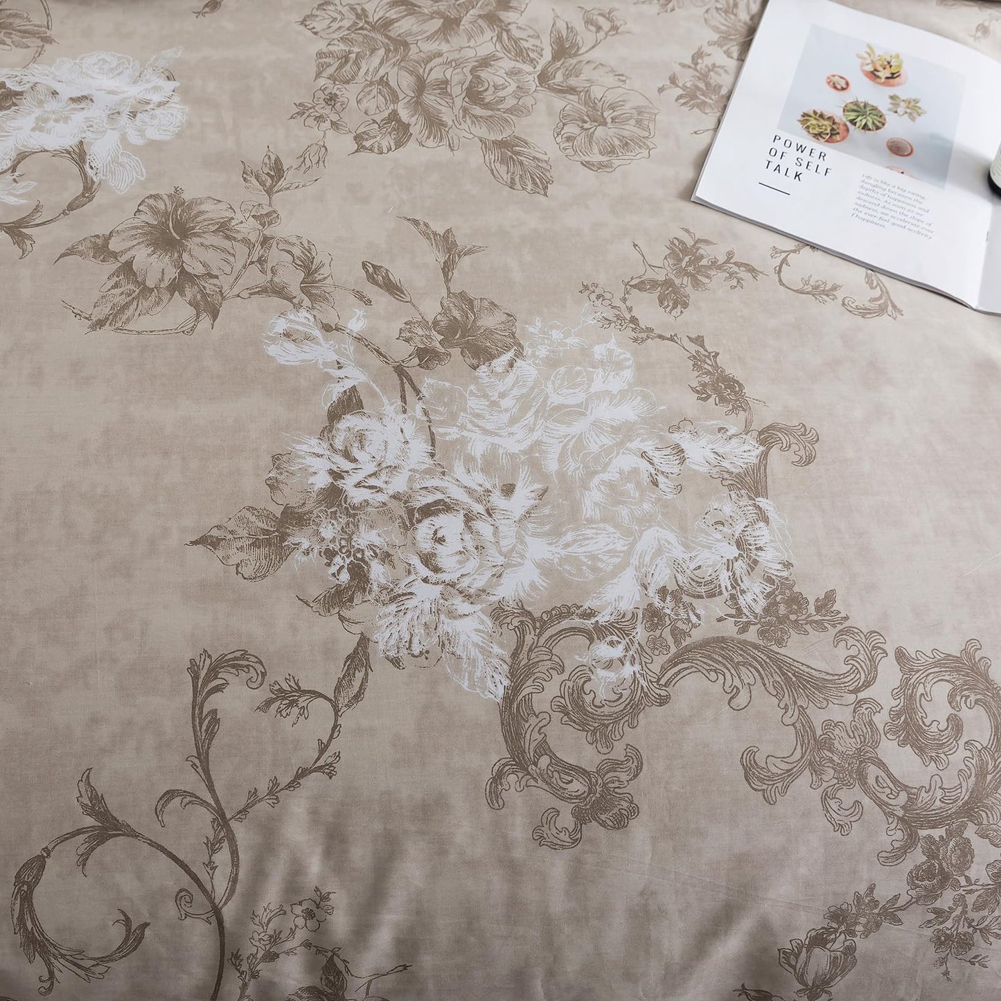Puralens Dark Beige Moody Floral Duvet Cover, King 100% Cotton Percale Neutral Flower Comforter Cover Set, Shabby Chic Cottage Reversible Toile Bed Cover Set with Ties, Farmhouse Zipper Bedding, 3Pcs