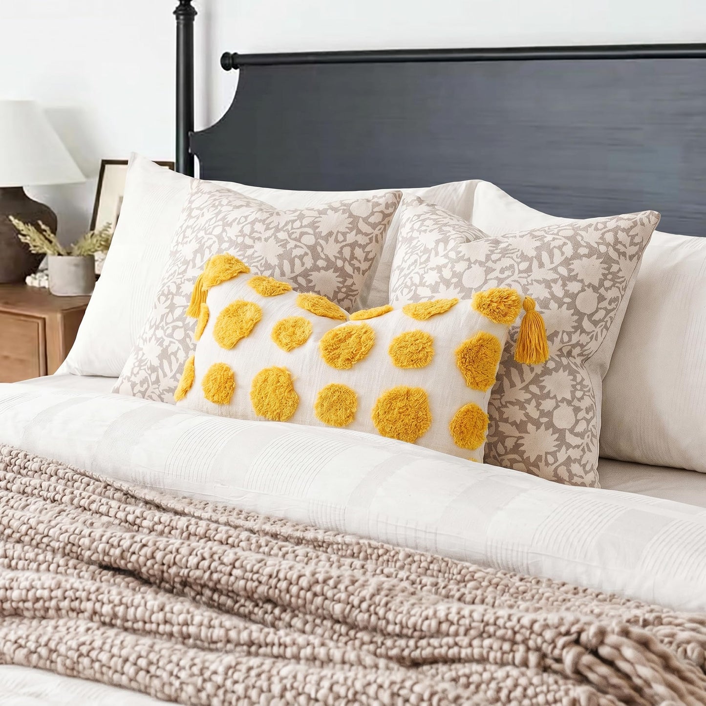 PANOD Super Soft Farmhouse Decorative Plush Throw Pillow Covers 12 x 20 Yellow,Solid Pom pom Tufted with Tassels Modern Accent Boho Lumbar Cushion Cover Pillow Case for Couch Sofa
