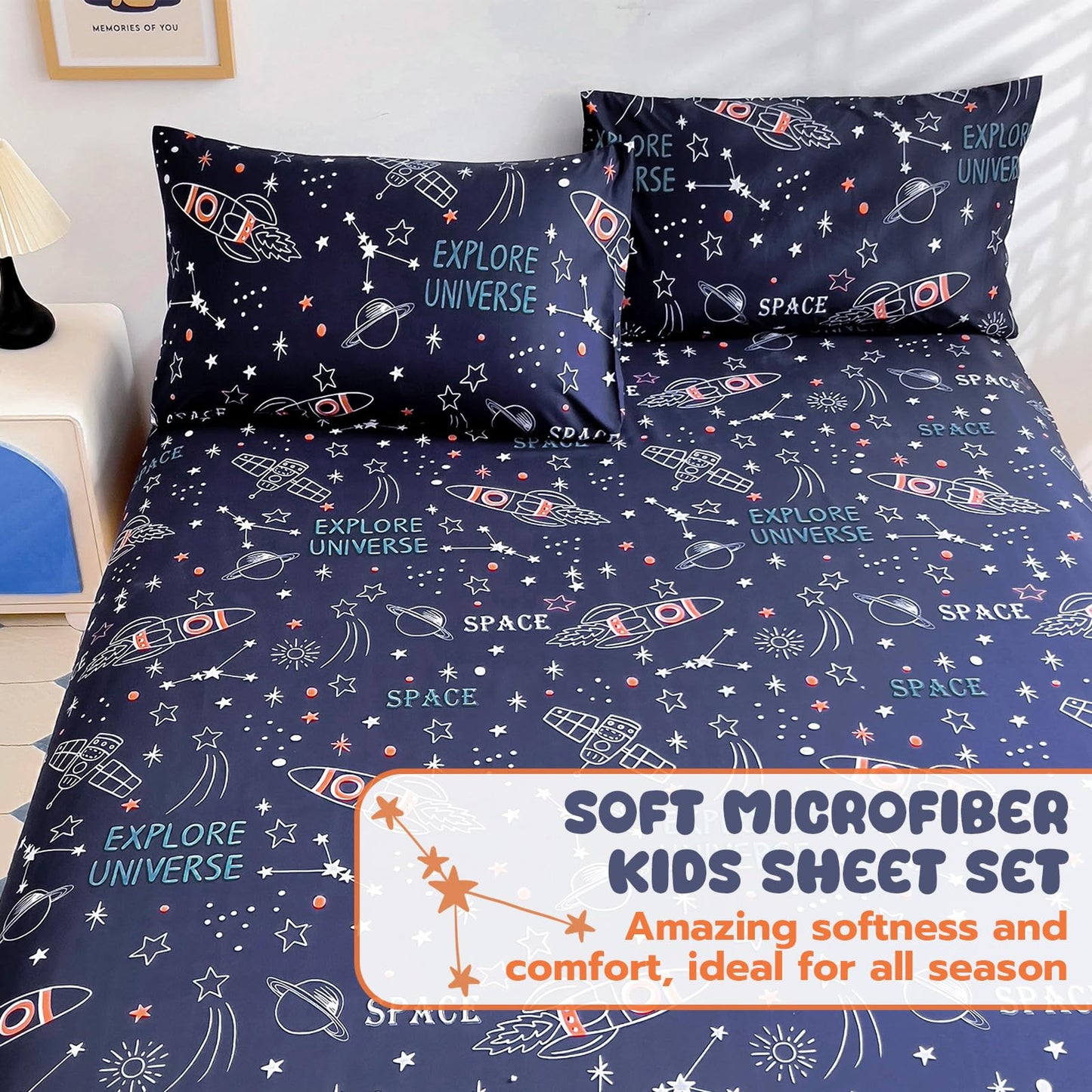Homilay Full Sheet Set Kids - Navy Blue 4 Pieces Soft Microfiber Cartoon Style Bedsheets for Boys Girls Teens, Oeko TEX Breathable 15 Inch Deep Pocket Sheets(Space Rocket)