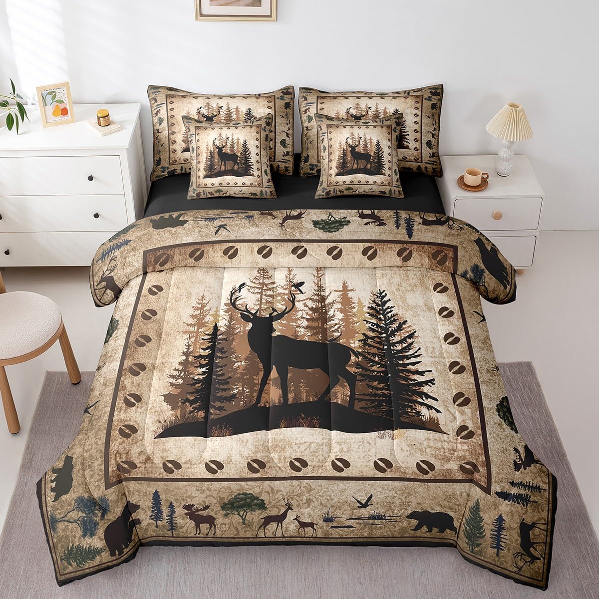 Feelyou Farmhouse Kids Boys Bedding Set, 7 Pieces - Deer Hunting Theme, Queen Size Comforter, Sheet Set, Pillowcases, Western Wild Decor
