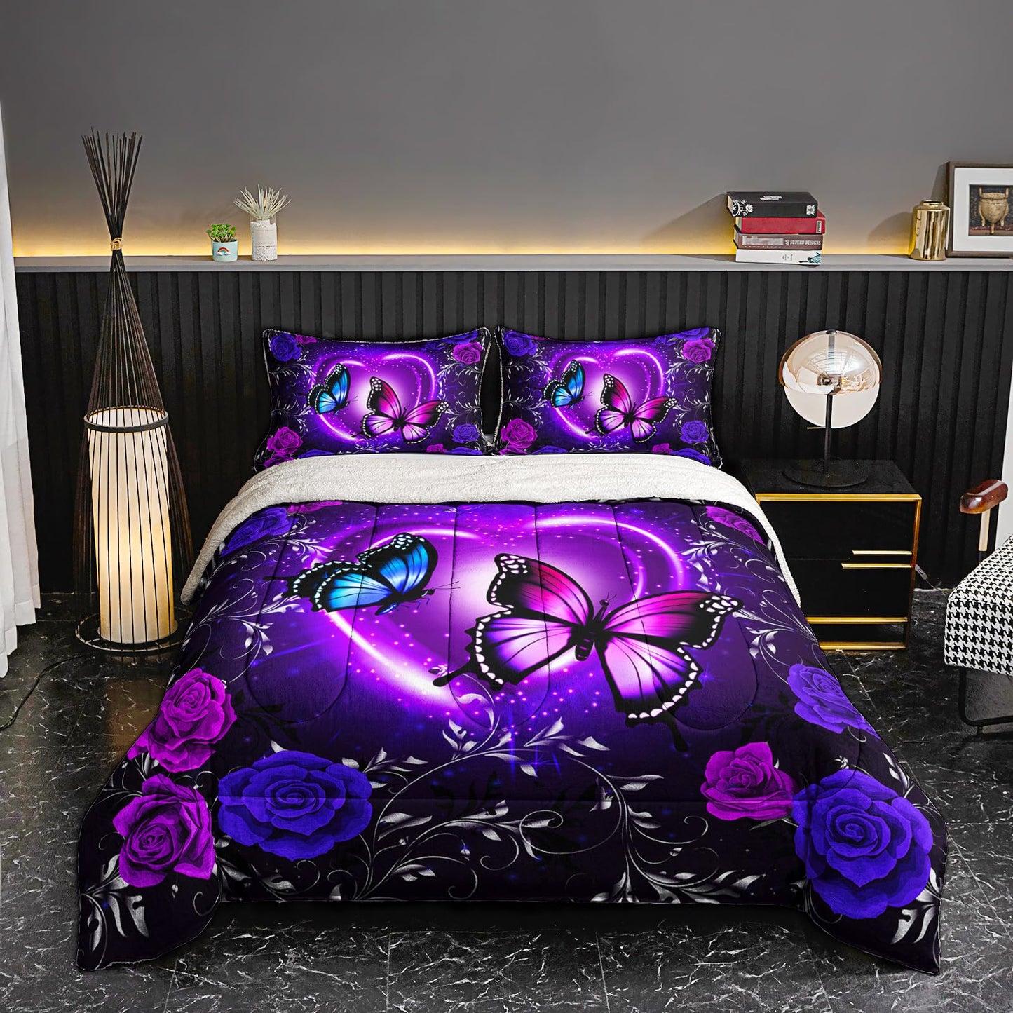 QOOMO Blue Butterfly Soft Sherpa Comforter，Blue Flower Plush Warm Fall Winter Bedding Sets for Girls Boys，Star Sky Ultra-Soft Sherpa King Comforter Set with 2 Pillow Shams，3 Piece Set