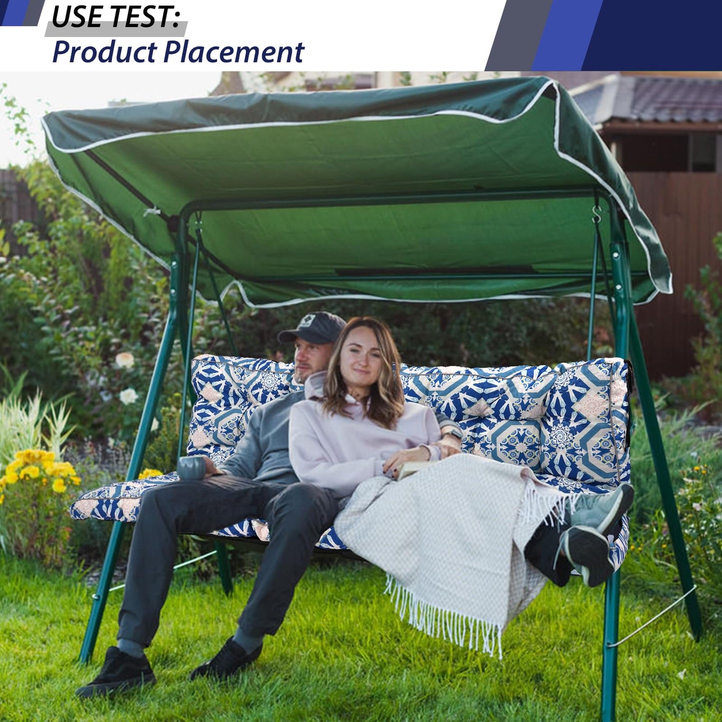 YQNUCO Outdoor Swing Cushions, Waterproof Porch Swing Cushions 3 Seater Replacement with Backrest, 4" Thicken Bench Cushion with Ties for Backyard, Patio, Lawn and Garden (‌Blue Geometric‌, 63 inch)