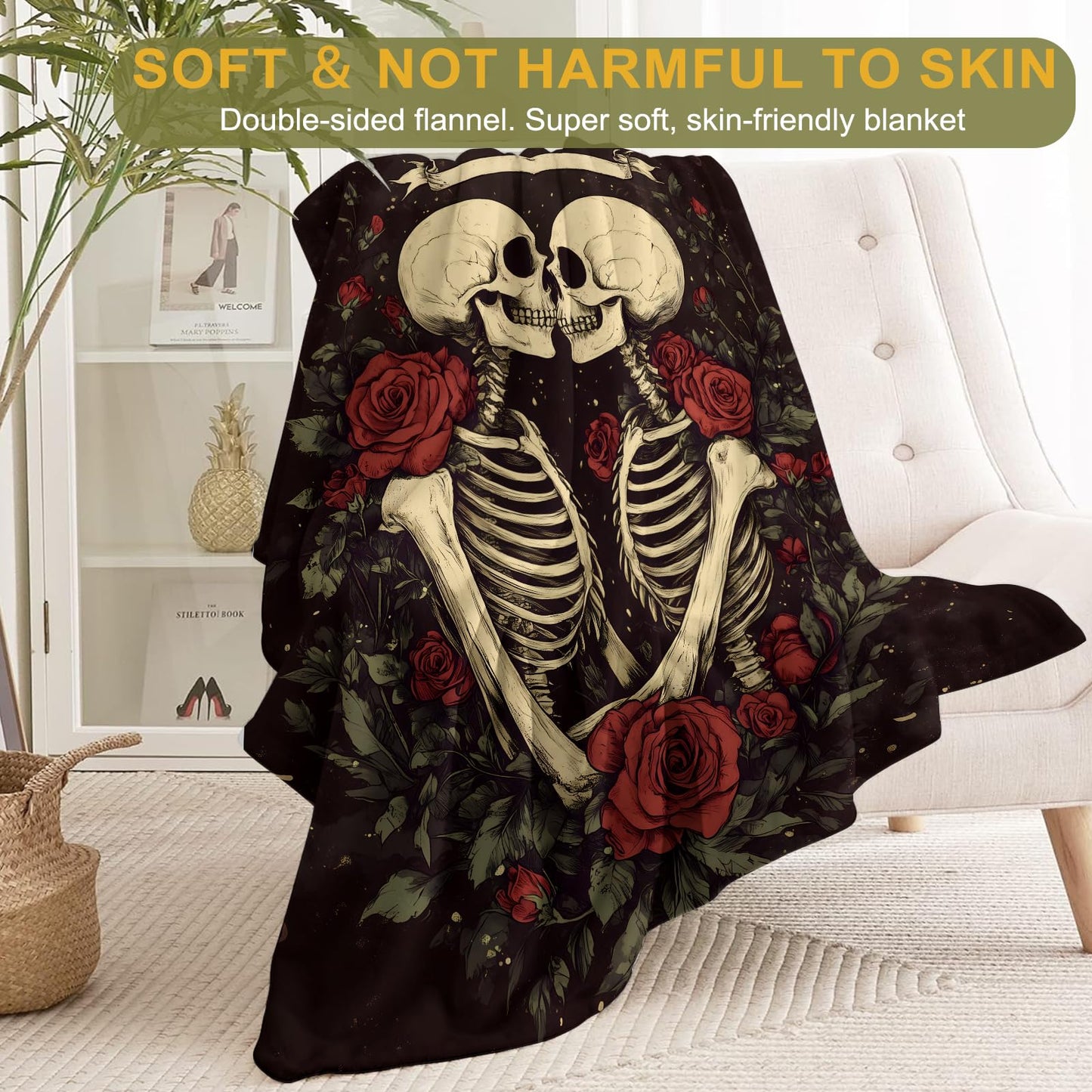 ainori Skull Skeleton and Rose Flannel Blanket - Lightweight Soft Cozy Gifts Blankets for Horror Lovers, Men,Women,Gothic Romantic Dark Style Throw,Home Room Modern Halloween Decor 50x60in
