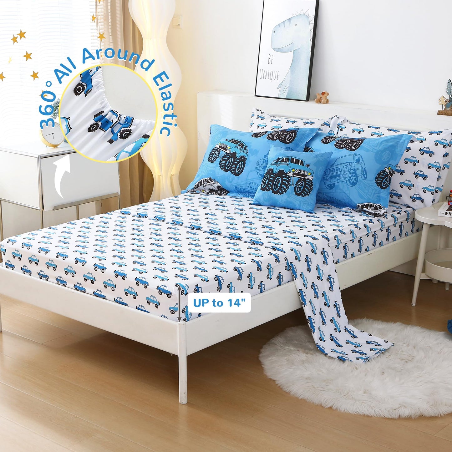 Mooreeke Kids Twin Comforter Sets for Boys 6 Pieces Truck Blue Bedding Set for Teens Soft Microfiber Kids Bed in A Bag with Comforter, Sheet Set, Shams and Decorative Toy Pillow All Season