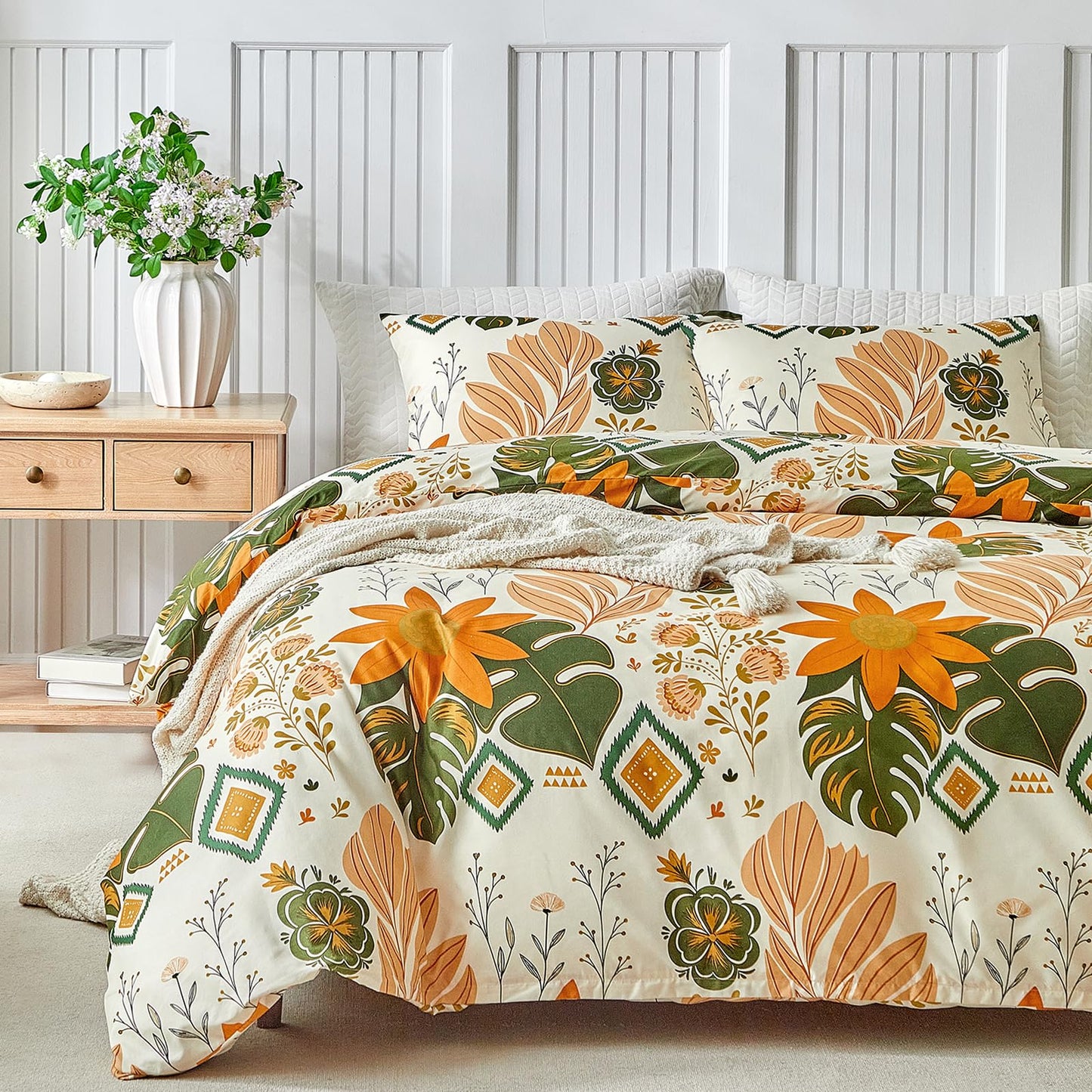 Lekesky King Size Reversible Duvet Cover, Duvet Cover King Size 3 Piece Baroque Microfiber Botanical Bedding Set with Zipper Closure Corner Ties