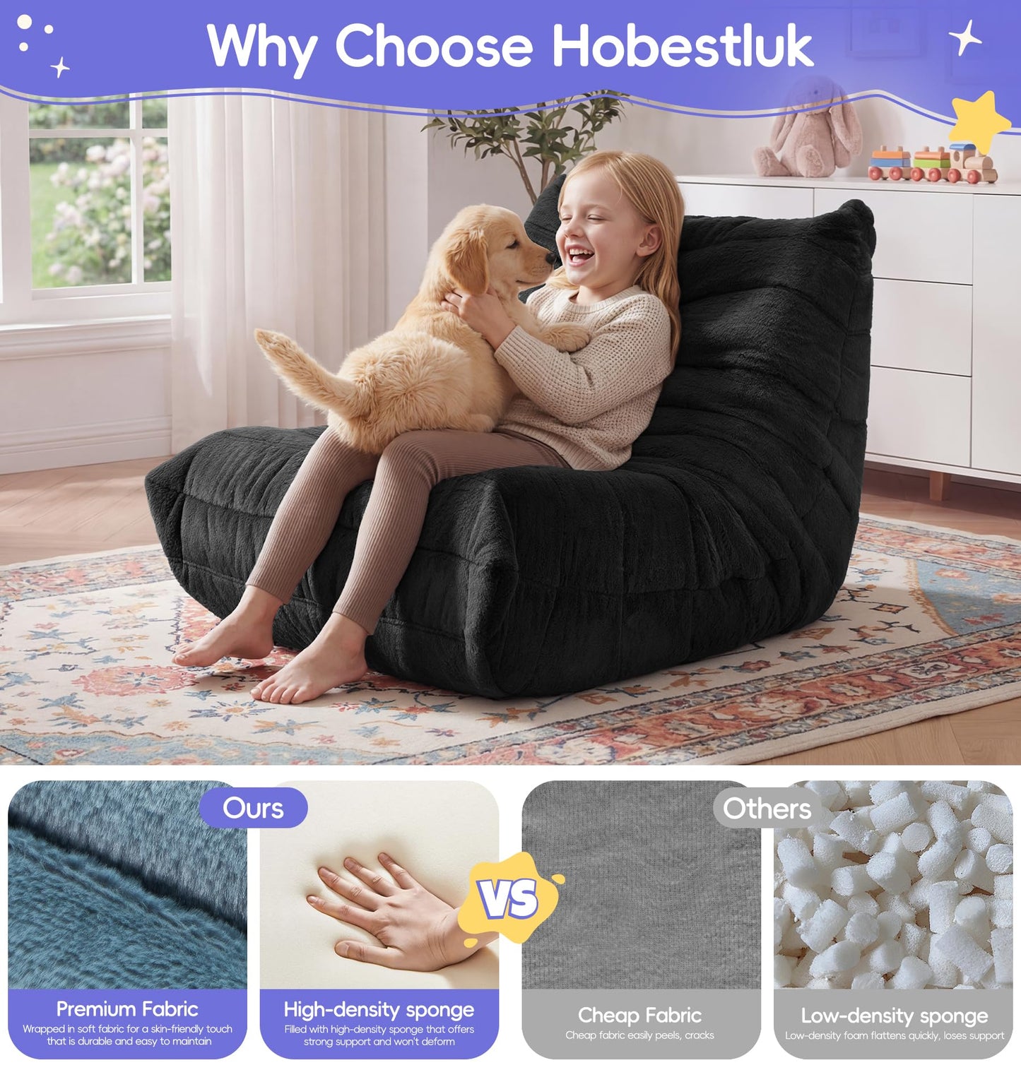 Hobestluk Bean Bag Chair for Kids Toddler Bean Bag Chair with Memory Foam Filler Beanbag with Spacious Design Bean Bag Couch for Reading Gaming Relaxing (Black, Small)