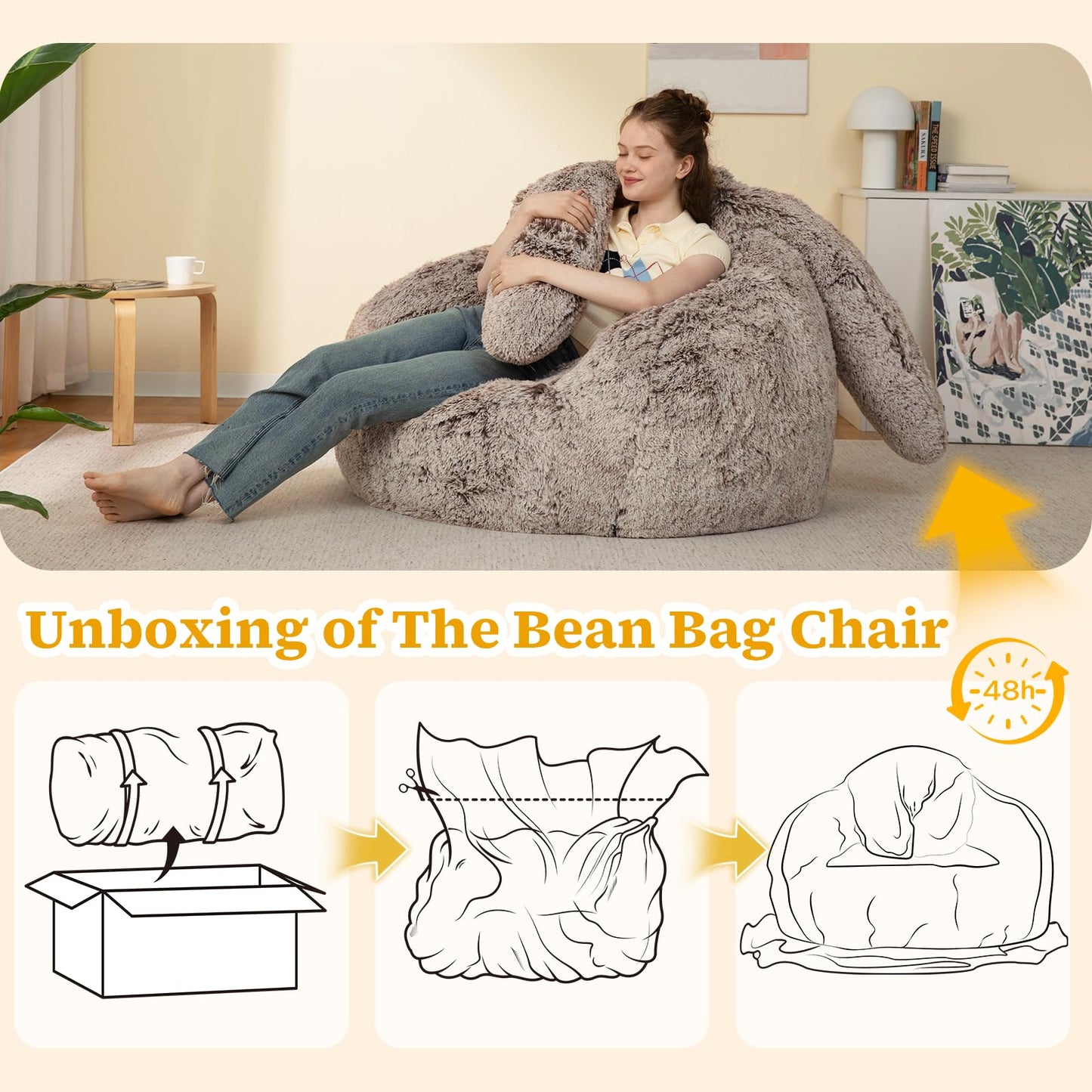 Achicsofar Bean Bag Chair for Adults Teens Giant Fluffy Plush Bean Bag Sofa with Filler Faux Fur Rabbit Shaped Beanbag Chairs Comfy Accent Floor Couch for Gaming, Reading in Bedroom, Living Room, Dorm