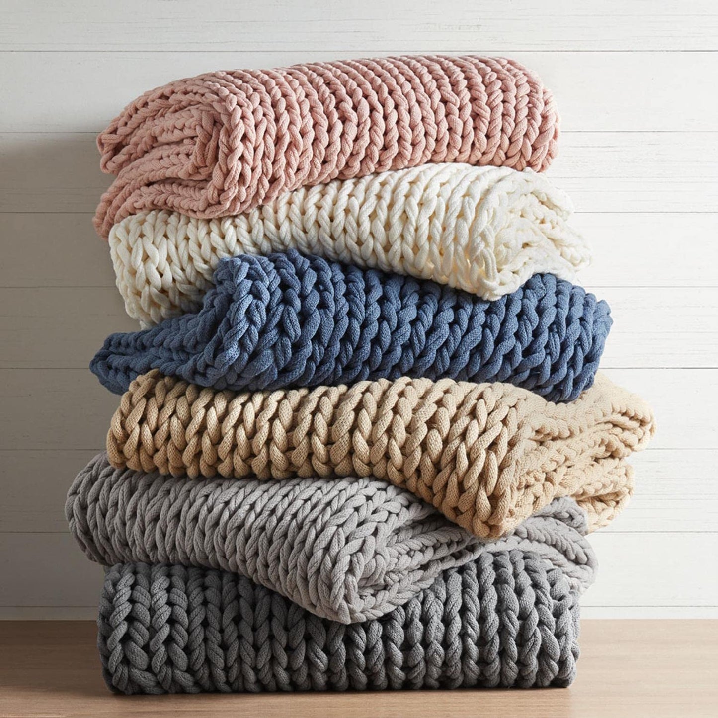 Madison Park Boho Throw Blanket, Soft Blanket Handmade Gift Home Decor, Lightweight & Breathable All Seasons Spring Chunky Knit Blanket, Knitted Throw for Couch, Bed Blanket, 50"x60" Tan
