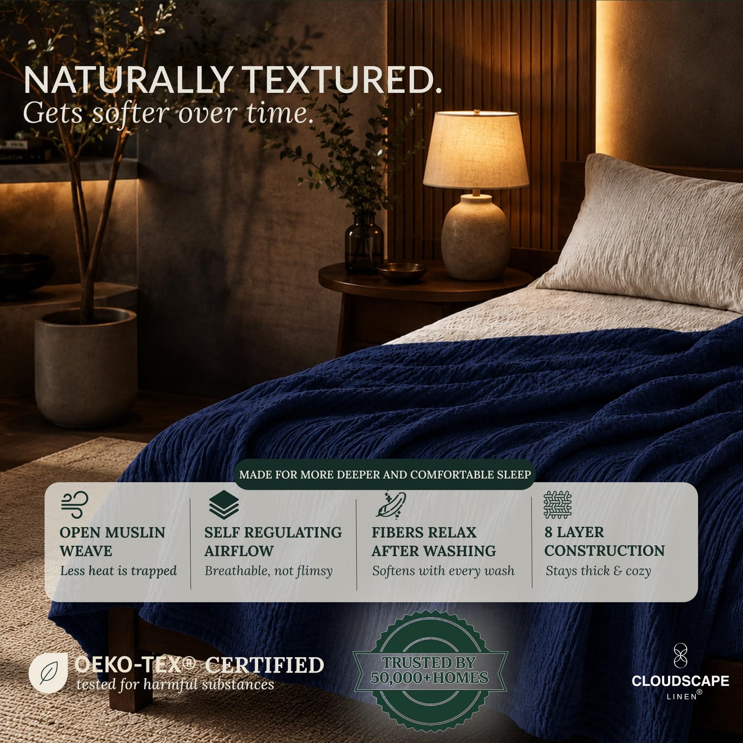 CLOUDSCAPE 8 Layer Muslin Blanket for Adults, 100% Cotton Queen Size Blankets for Bed, 92" x 92" Fits Upto Full Bed, Soft, Lightweight Breathable Summer Blanket Queen Size for All Season- Ensign Blue