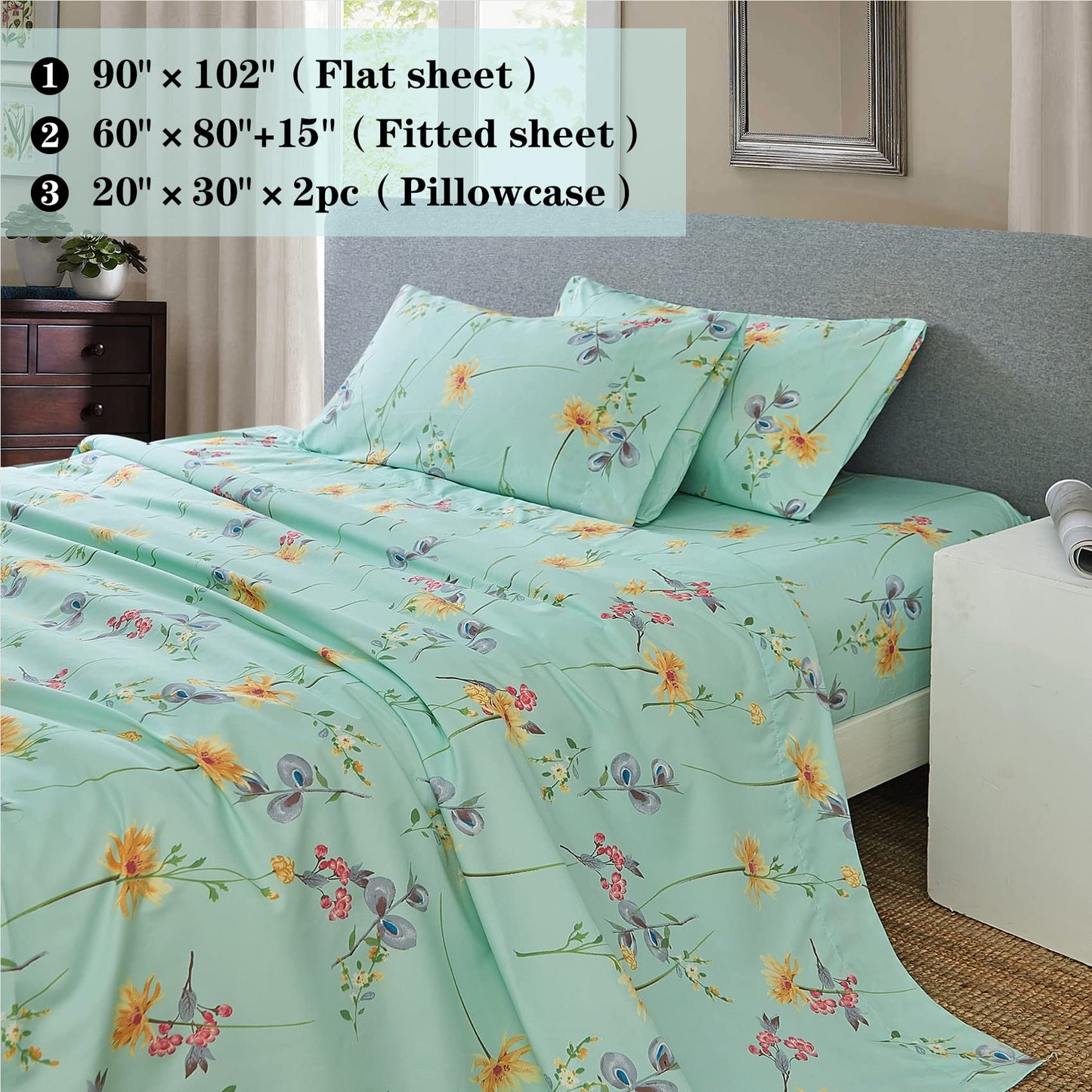 JSD Green Floral Printed Sheet Set King Size, 4 Piece Soft Botanical Microfiber Sheets Extra Deep Pocket