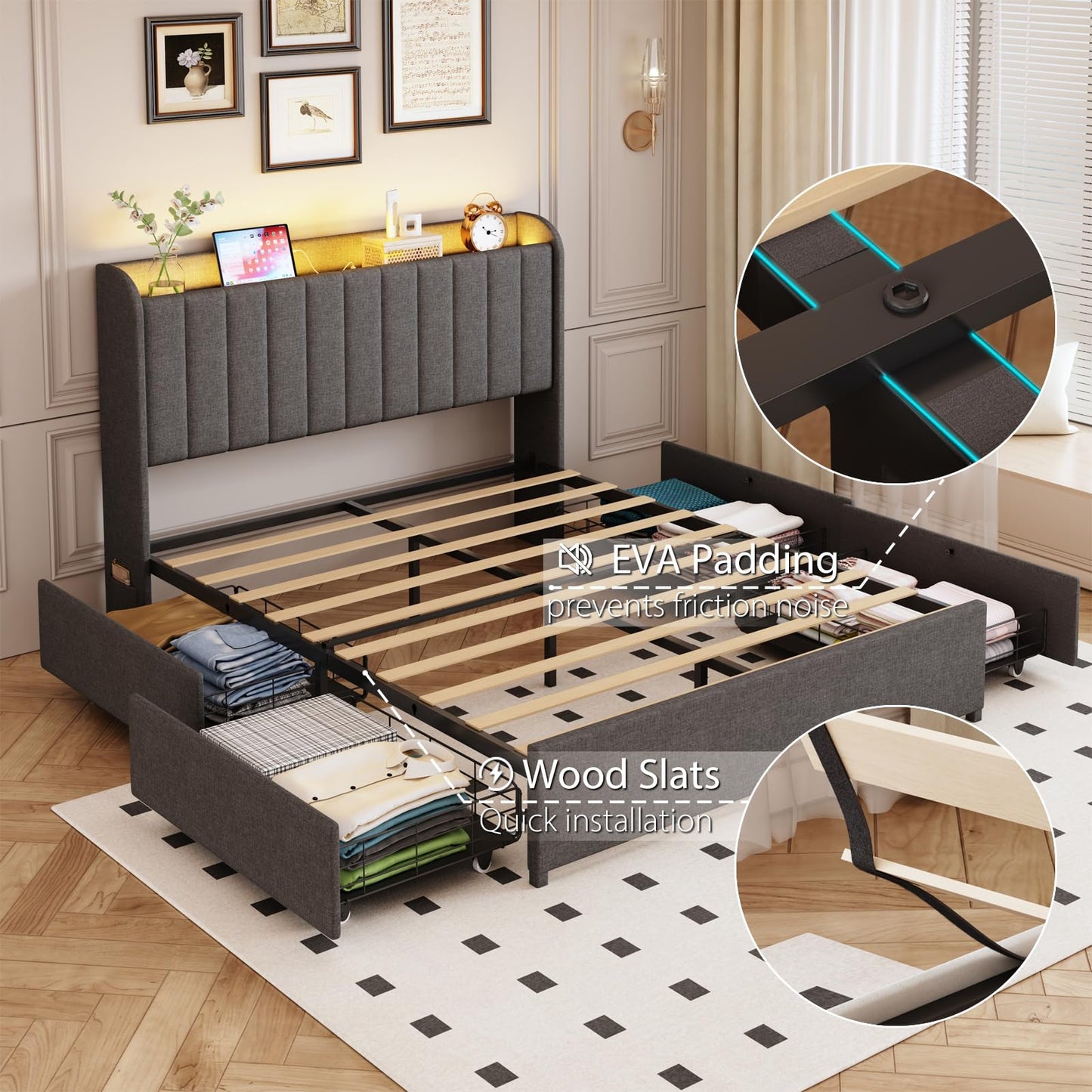 Full Bed Frame with 4 Drawers and Storage Headboard, Upholstered Platform Bed Frame Full Size with Led Lights and Handy Charging Station, No Box Spring Needed, Easy Assembly, Noise Free, Gray