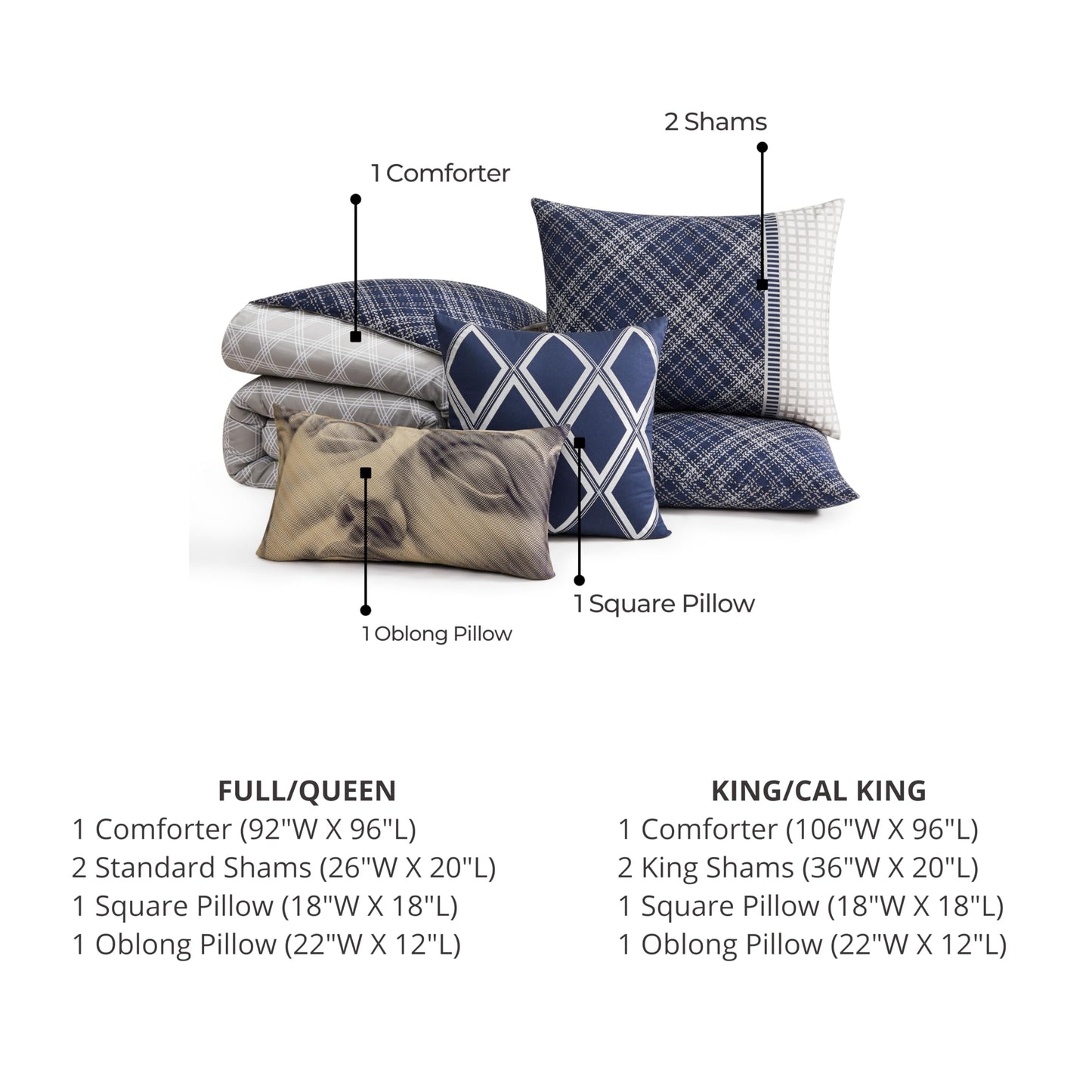 Bebejan Vertigeo 5 Piece Comforter Set, 100% Cotton Sateen, 220 Thread Count, Navy Blue, Geometric Reversible Bedding Comforter Set, 1 Comforter, 2 Shams & 2 Pillows (King/Cal King)