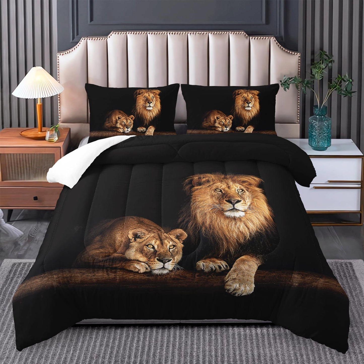 Tuzaovy Lion and Lioness Comforter Set Queen Size,Lion Bedding Set Queen,Queen Animal Print Black Comforter Set,Tropical African Animal 3D Print Bedding Black Bed Set