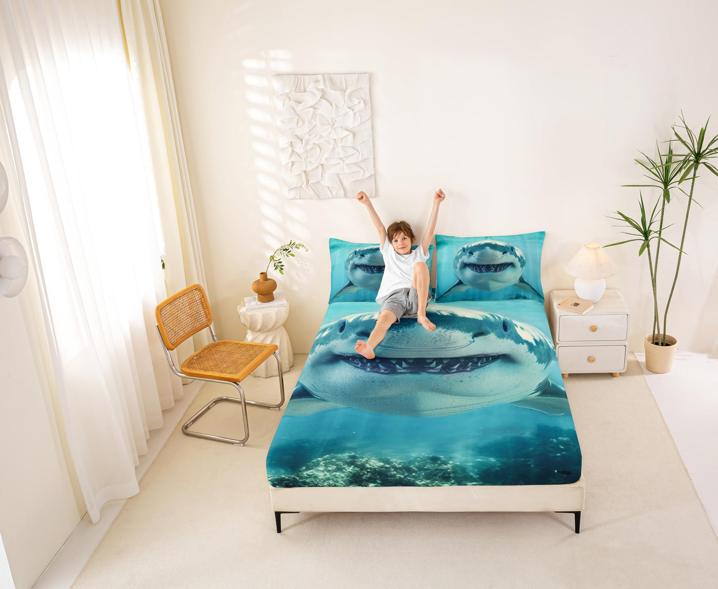 Shark Bedding Set Queen Size,3D Shark Bule Underwater World Deep Pocket Bed Sheet,Marine Life Fitted Sheet 3pcs for Youth Women Bedroom Decor,Ocean Animal Style Bed Sheets,2 Pillowcases,No Top Sheet