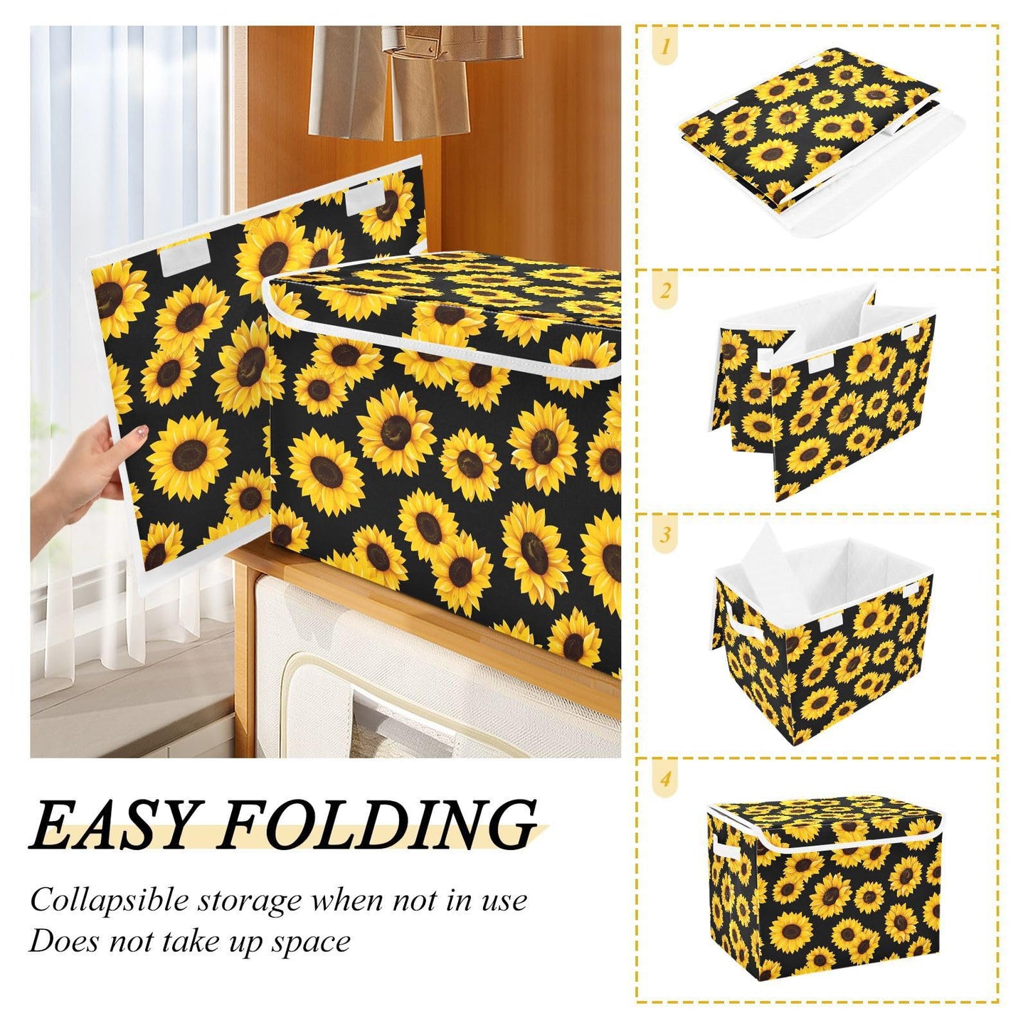Large Collapsible Storage Bins with Lids, Sunflower Black Storage Baskets Organizer Containers with Handles for Clothes