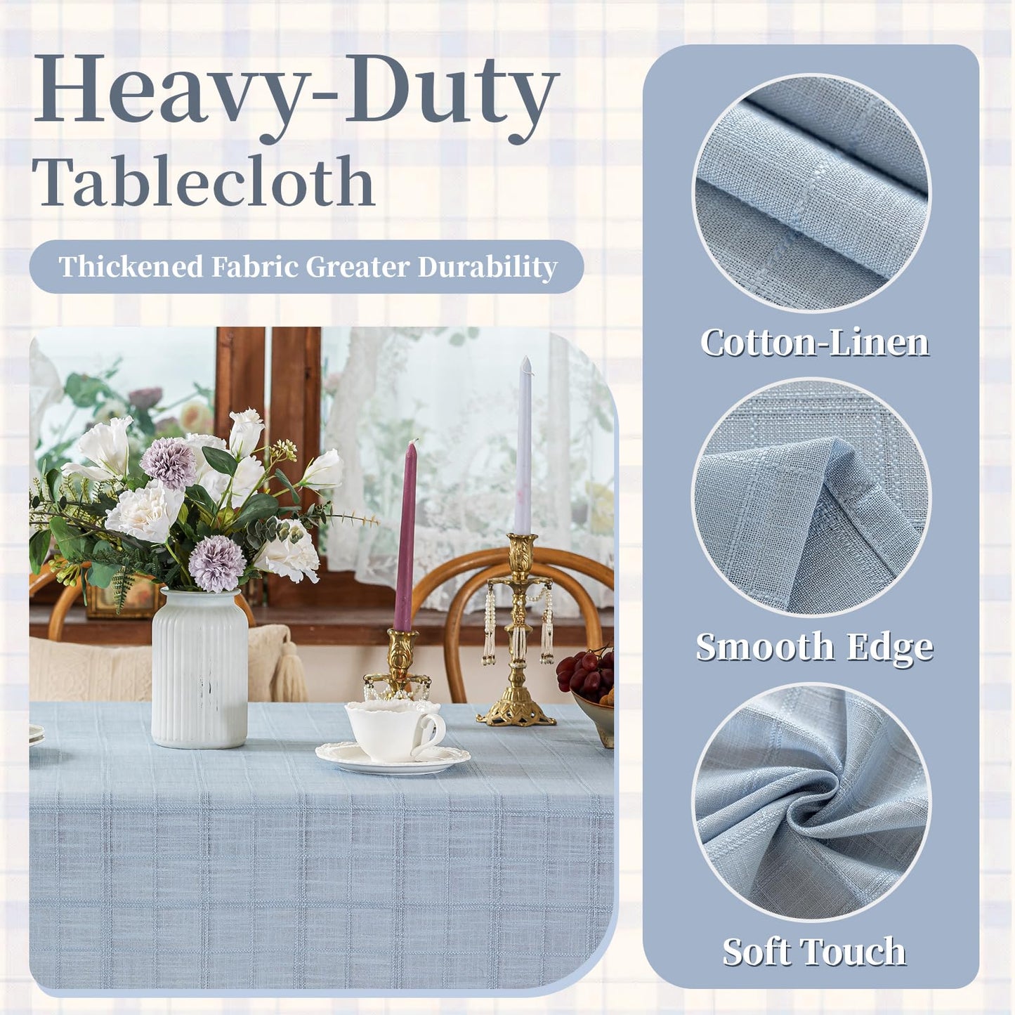 Laolitou Blue Checkered Table Cloth Rectangle Table Gingham Textured Cotton Linen Tablecloth Wrinkle Free Stain Resistant Plaid Table Cover for Dining Kitchen, 60"X84"