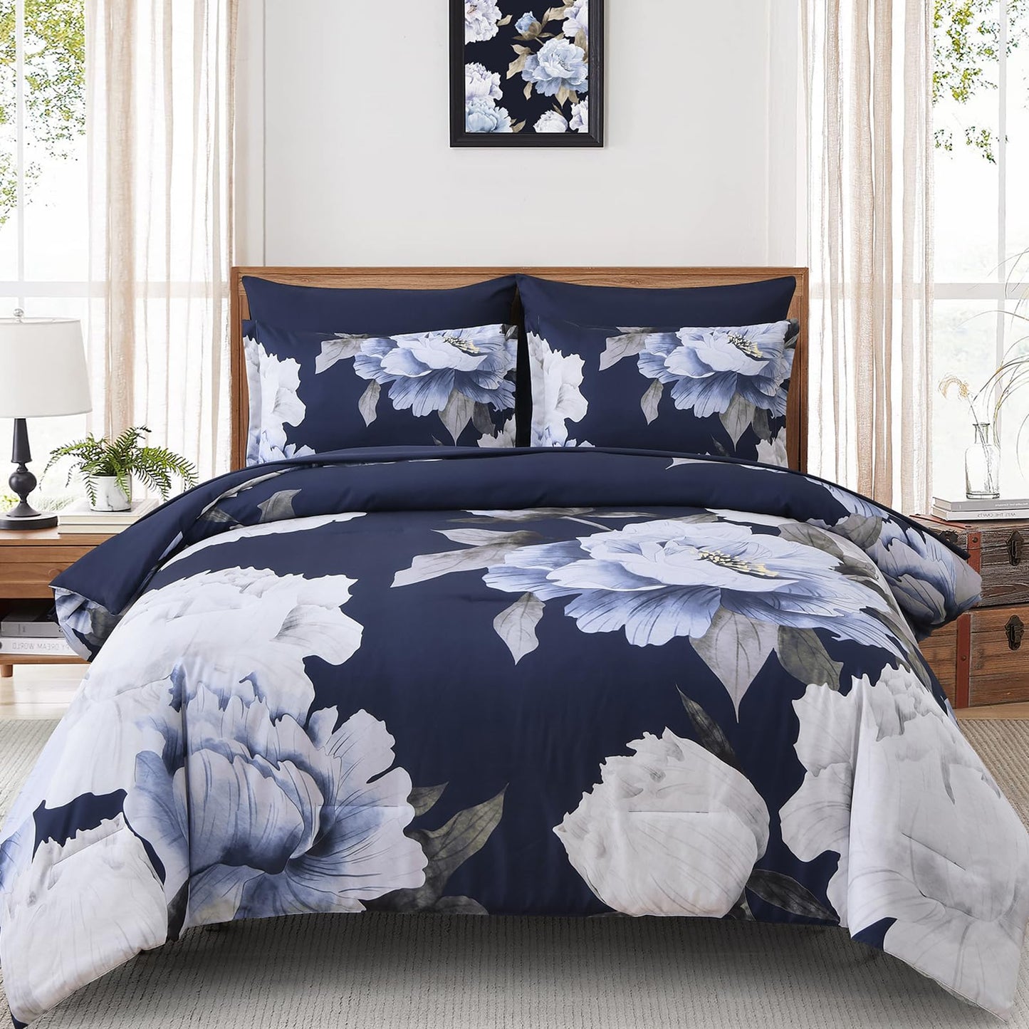 Dobuyly Navy Blue Comforter Set Queen Size 7 Piece Bed in a Bag, Floral Comforter Set with Sheets, Soft Microfiber Botanical Flowers Complete Bedding Set for All Season