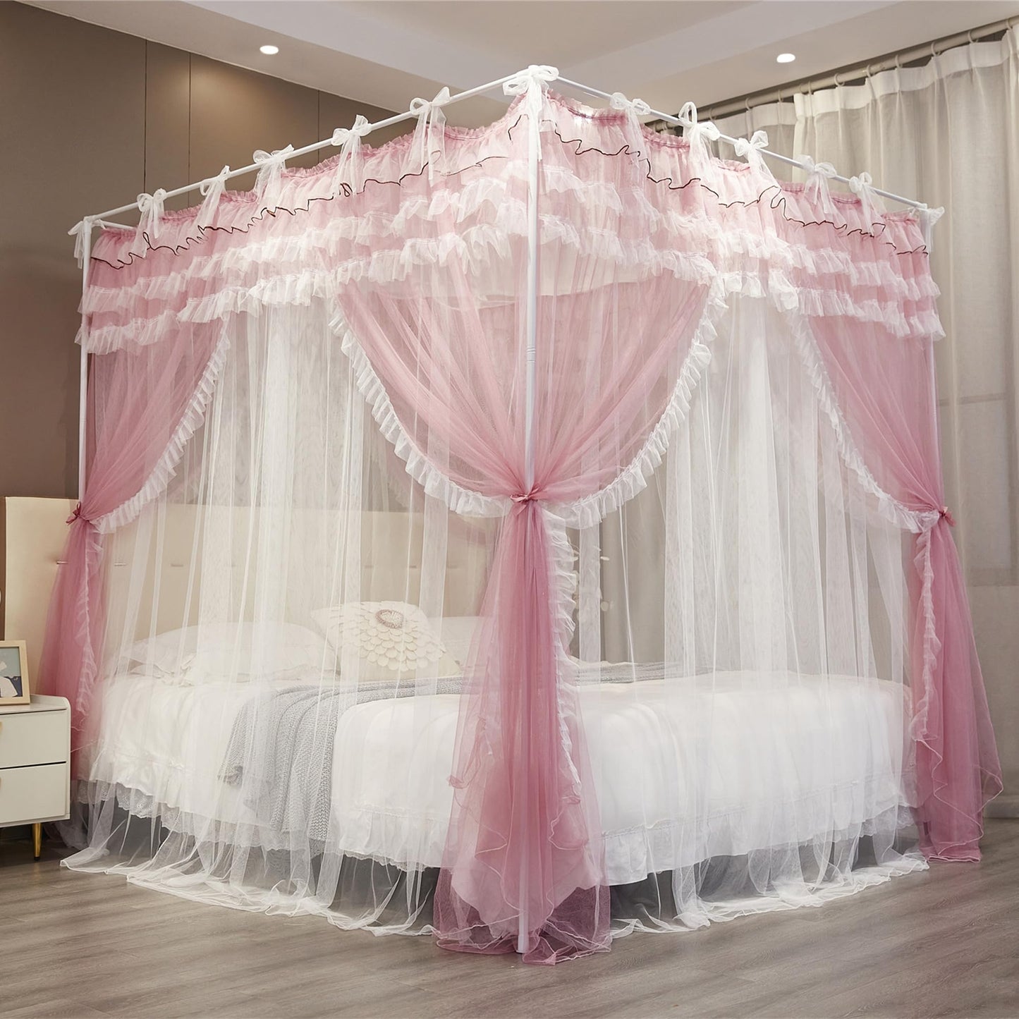 NXGIO Bed Canopy Curtain Double Layer 4 Corners Post Lace Up Ruffle Princess Drape Netting 4 Opening Mosquito Net for Girls Bedroom Decoration (Pink/White, 53" W*78" L*82" H/Full)