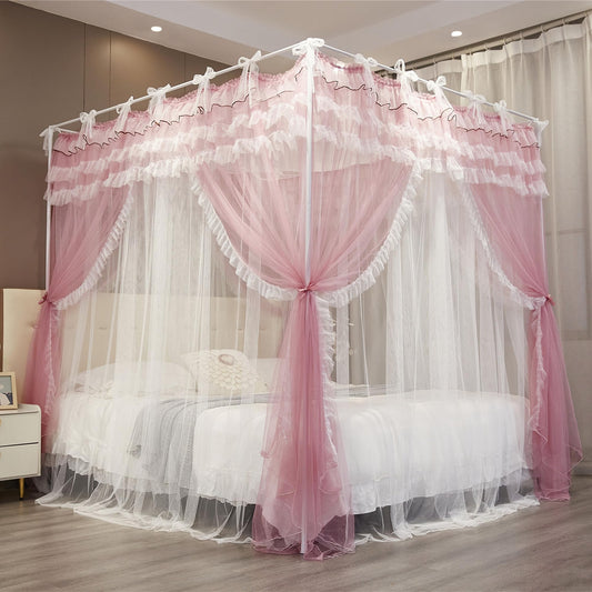 NXGIO Bed Canopy Curtain Double Layer 4 Corners Post Lace Up Ruffle Princess Drape Netting 4 Opening Mosquito Net for Girls Bedroom Decoration (Pink/White, 53" W*78" L*82" H/Full)