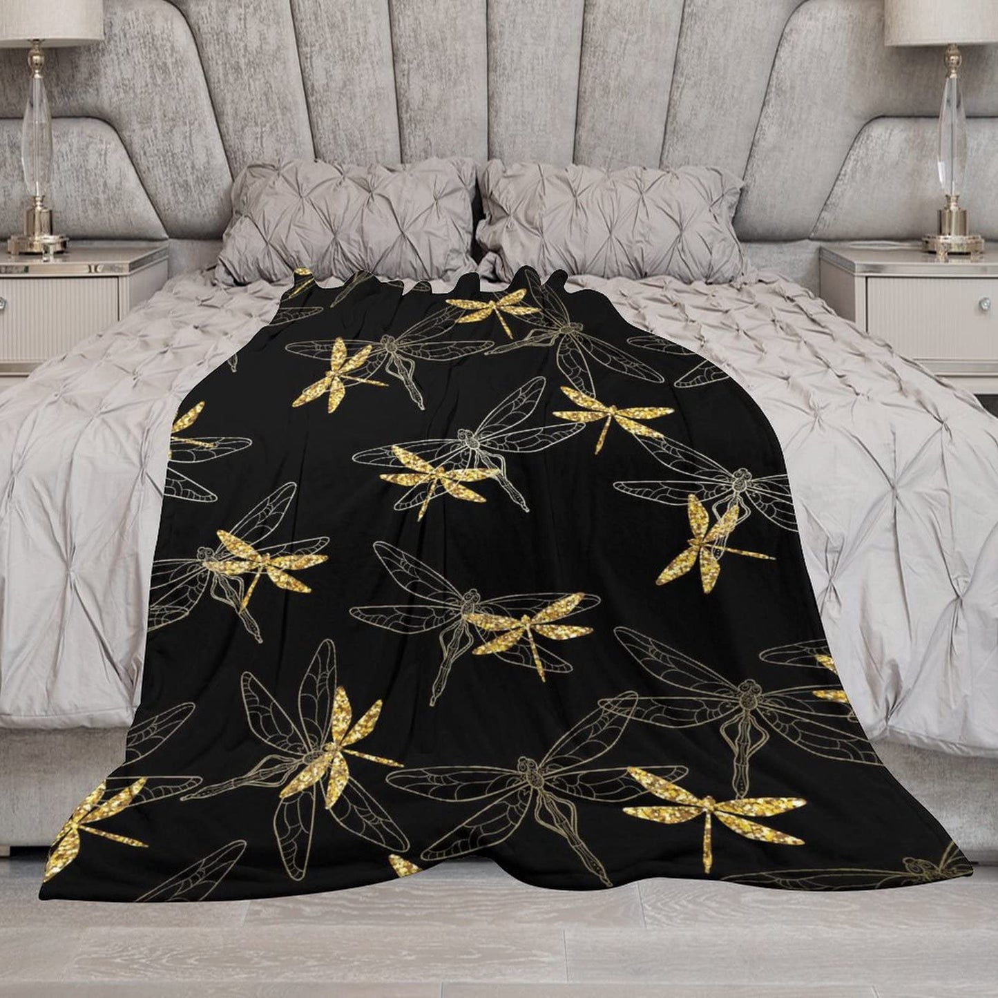 Dragonfly Blanket - Soft, Fuzzy & Warm - 60"x80" Twin Size Blanket for Bed, Couch & Living Room - Black Aesthetic Throw Gifts for Women