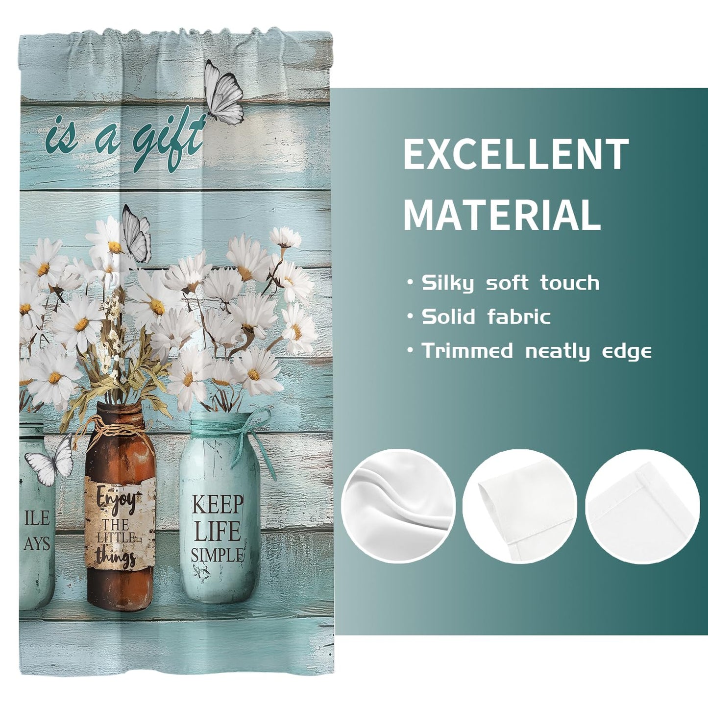 EOVDSFW Teal Floral Kitchen Curtains, Small Short Tiers, 27.5 x 39 Inch