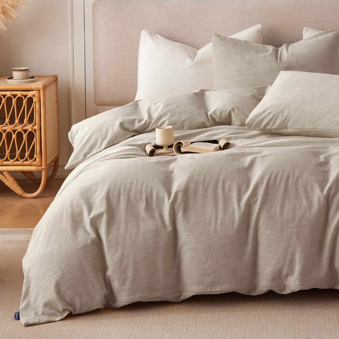 BFS HOME Linen Duvet Cover Queen Size - Soft Breathable Cotton Linen Blend, 3-Pieces Bedding Set with 2 Pillowcases, Stonewashed Texture, Khaki, All-Season Comfort