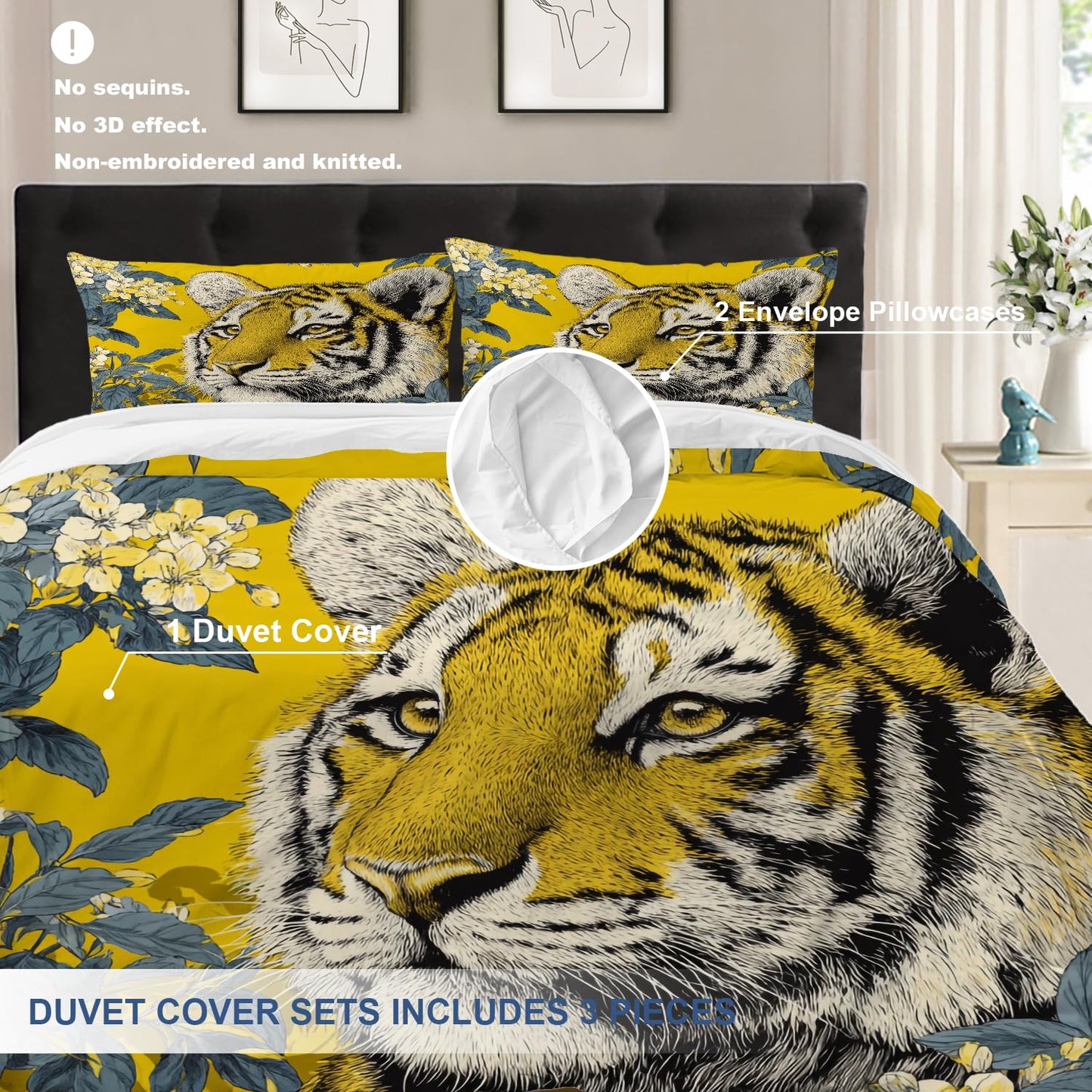 Batmerry Cute Tiger in Yellow King Size 3 Pieces Bedding Duvet Cover Sets, Soft Tiger Yellow Flowers 100% Cotton Printed Duvet Cover for All Season