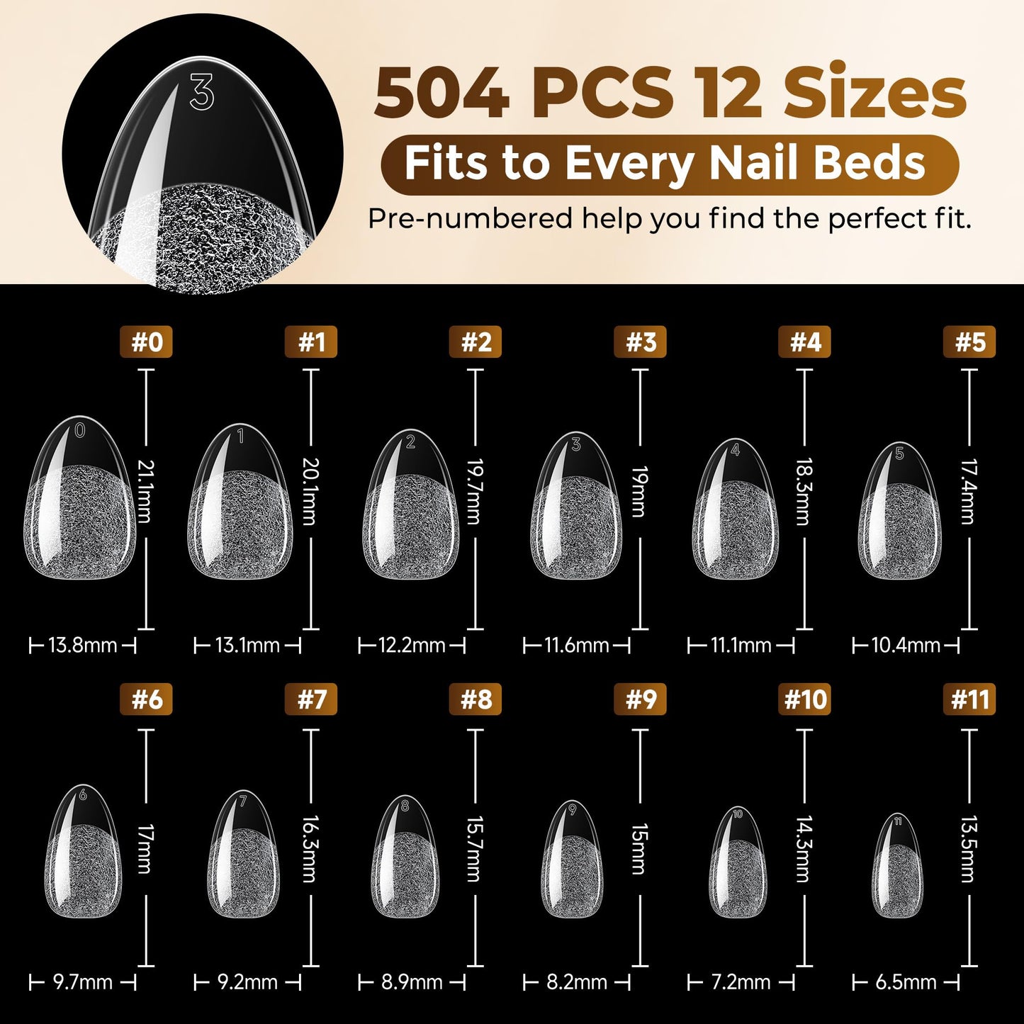 UNA GELLA Short Oval Almond Fake Nails 504pcs Press on Nails Pre-shape Short Almond Round Gel Nail Tips for Full Cover Acrylic False Nails For Nail Extension Home DIY Salon 12 Sizes False Gelly Tips