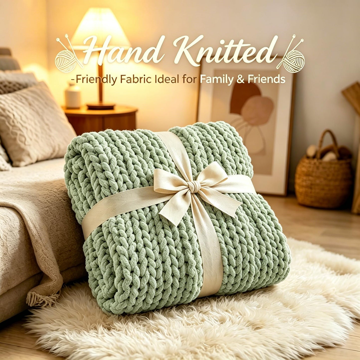 Admitrack Chunky Knit Blanket Throw, 100% Hand Knit Chenille Throw Blanket for Sofa & Home Decor, Soft and Cozy Knitted Throw Blankets (Sage Green，40"x50")