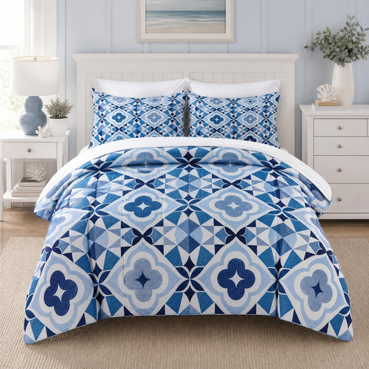 Boewywh Comforter Set Twin Size Geometric Blue Moroccan 7 Pcs, Bedding for Kids and Adults, Star Boho Bed Sheet Sets with Fitted Sheet 2 Pillowcases & 2 Shams for Bedroom Bed Decor