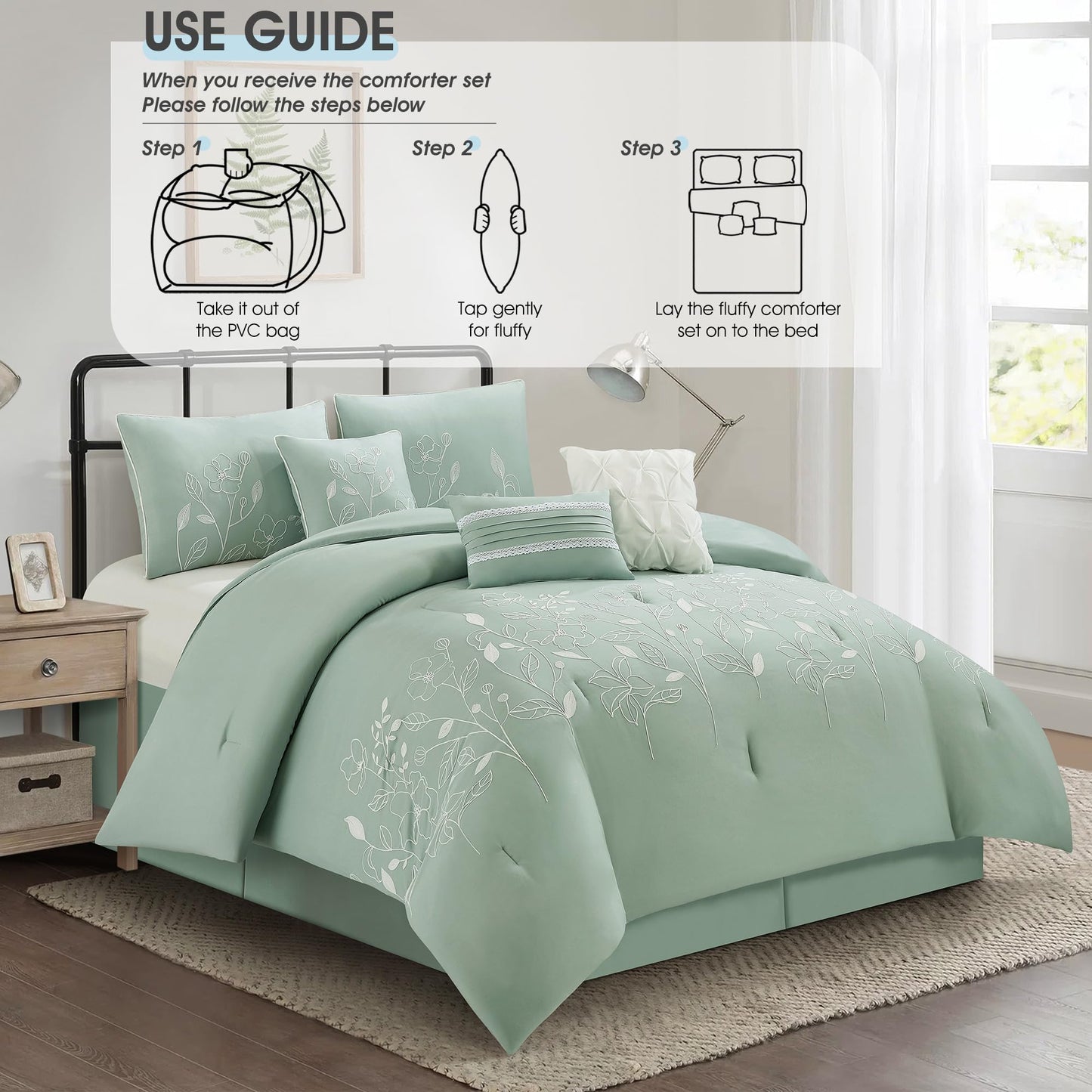 LANCO MODERN LIFESTYLE Green Queen Comforter Set, Chain Stiching 3D Floral Embroidery, Exquisite and Elegant Bedding Sets, 7 Pieces Bed in a Bag, Bedskirt, Pillow Shams and Decor Pillows