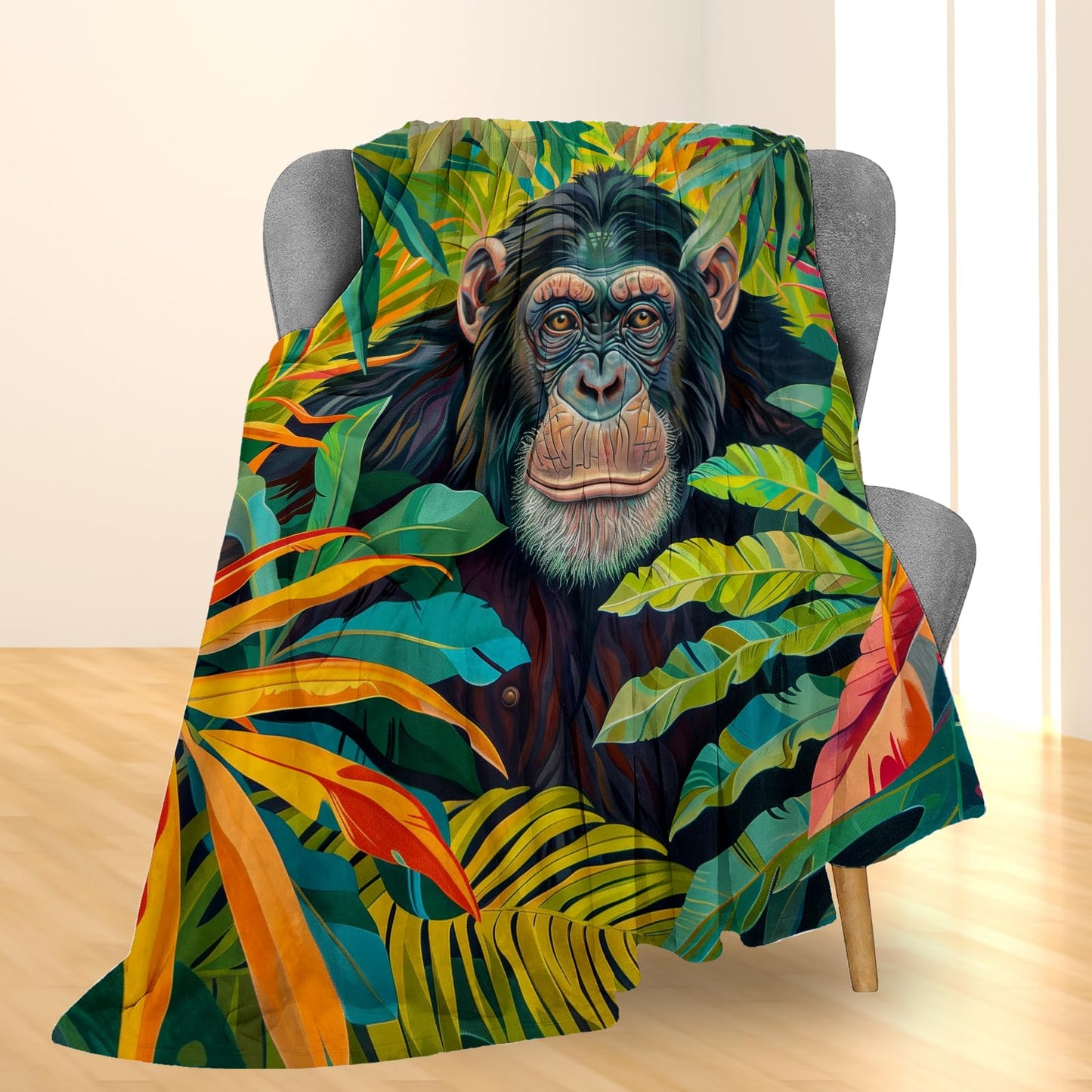 Ti Caldi Vibrant Chimpanzee Blanket - Soft Lightweight Cozy Flannel Throw Blanket for Adults Kids Women Men, Warm Fuzzy Blankets for Couch, Bed, Travel, Home Decor, Living Room 60×50 in