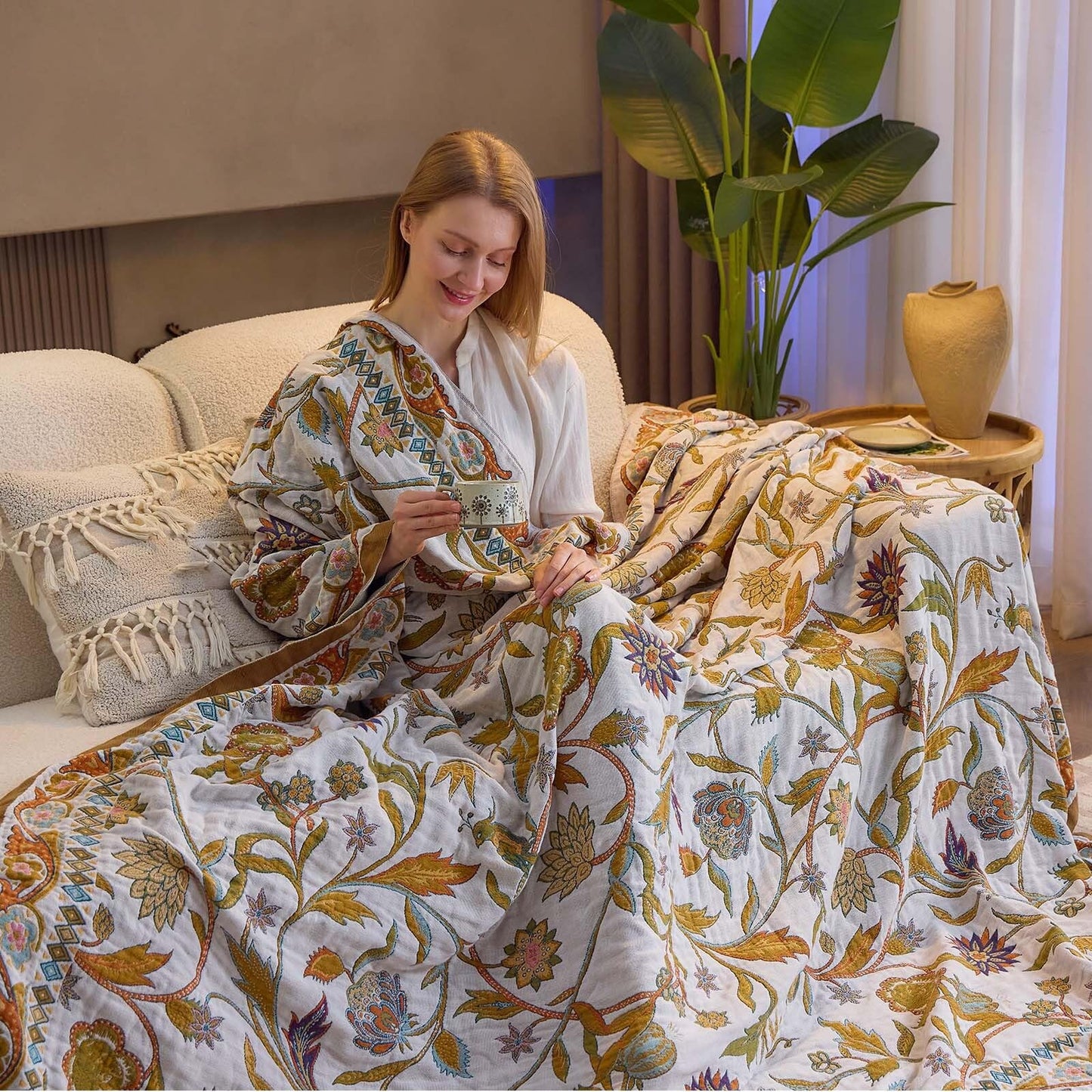 XIBLC Fall Throw Blanket for Couch, Brown Boho Decorative Throw Blanket, 100% Cotton Muslin Breathable Woven Farmhouse Blankets Quilt, 60"x80" Reversible Lightweight Blankets Bohemian Throw Quilt