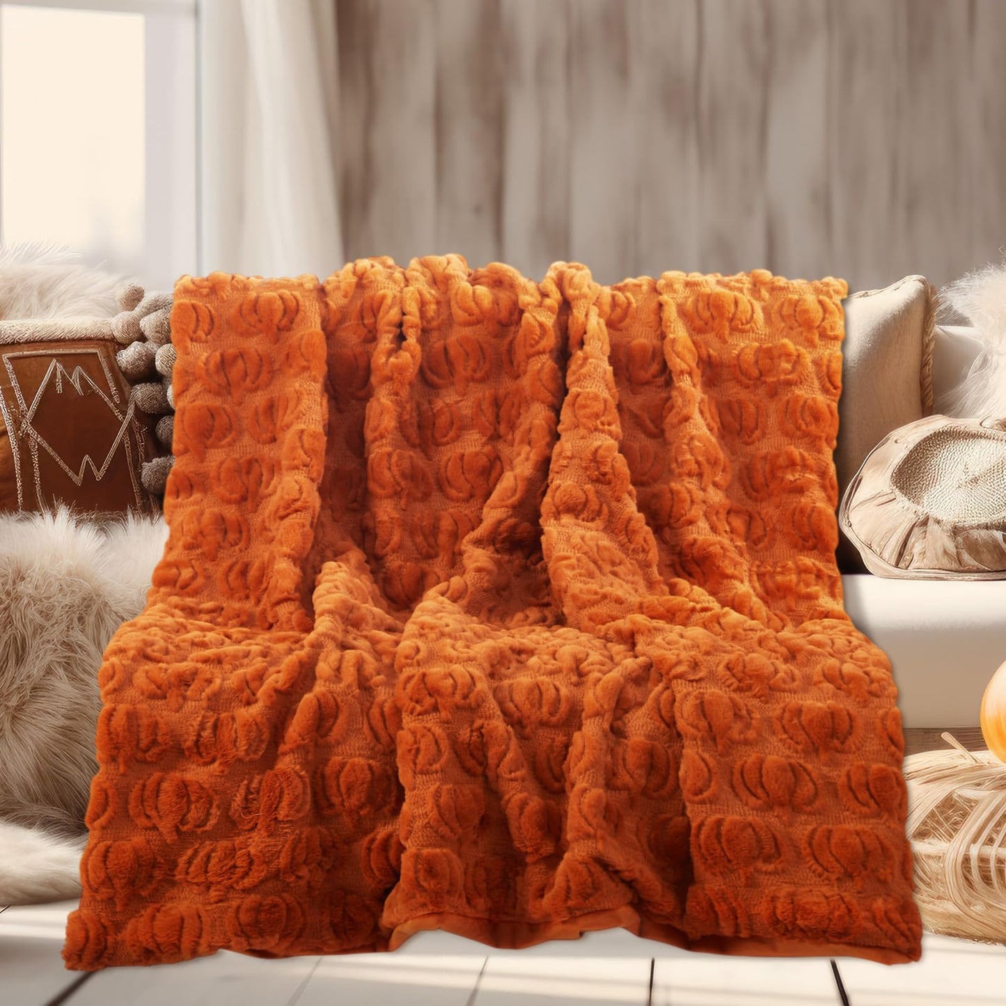 Tegeme Throw Blanket Throw Blanket 50" x 60" Dutch Velvet Faux Rabbit Fur Decorations Cozy Soft Lightweight Gift for Home Living Room Couch Sofa Bed(Rust)
