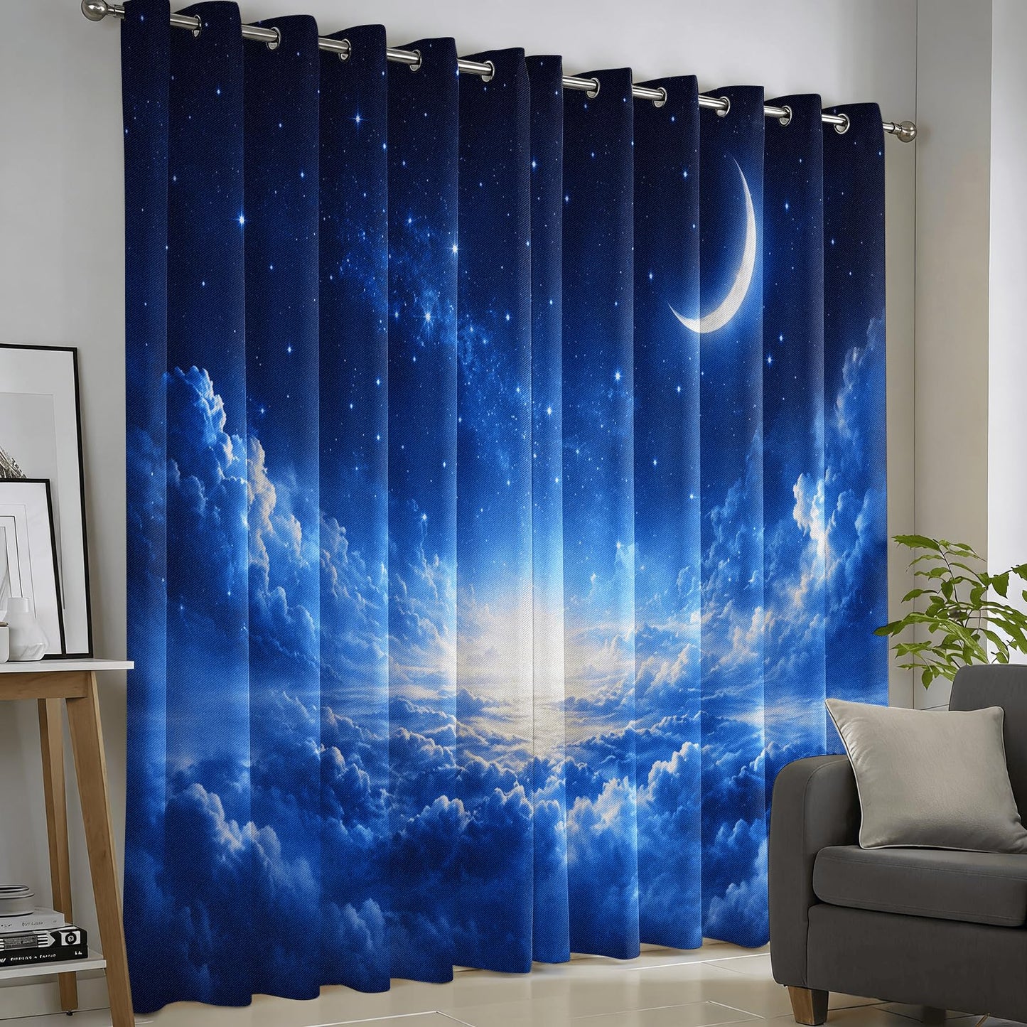Dreamy Crescent Moon Clouds Blackout Curtains, Fantasy Starry Night Sky Room Darkening Window Drapes for Bedroom Living Room, Thermal Insulated Grommet Top Window Treatments, 2 Panels, 37" W x 63" L