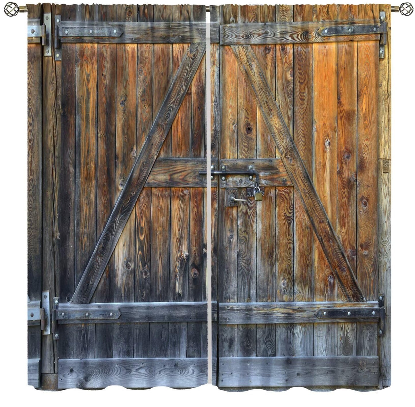 Wood Barn Door Decor Curtain, Retro Rustic Farmhouse Wooden Door Countryside Village Pattern Print Rod Pocket Window Drapes, for Living Room Bedroom Kitchen 42" W X 45" L