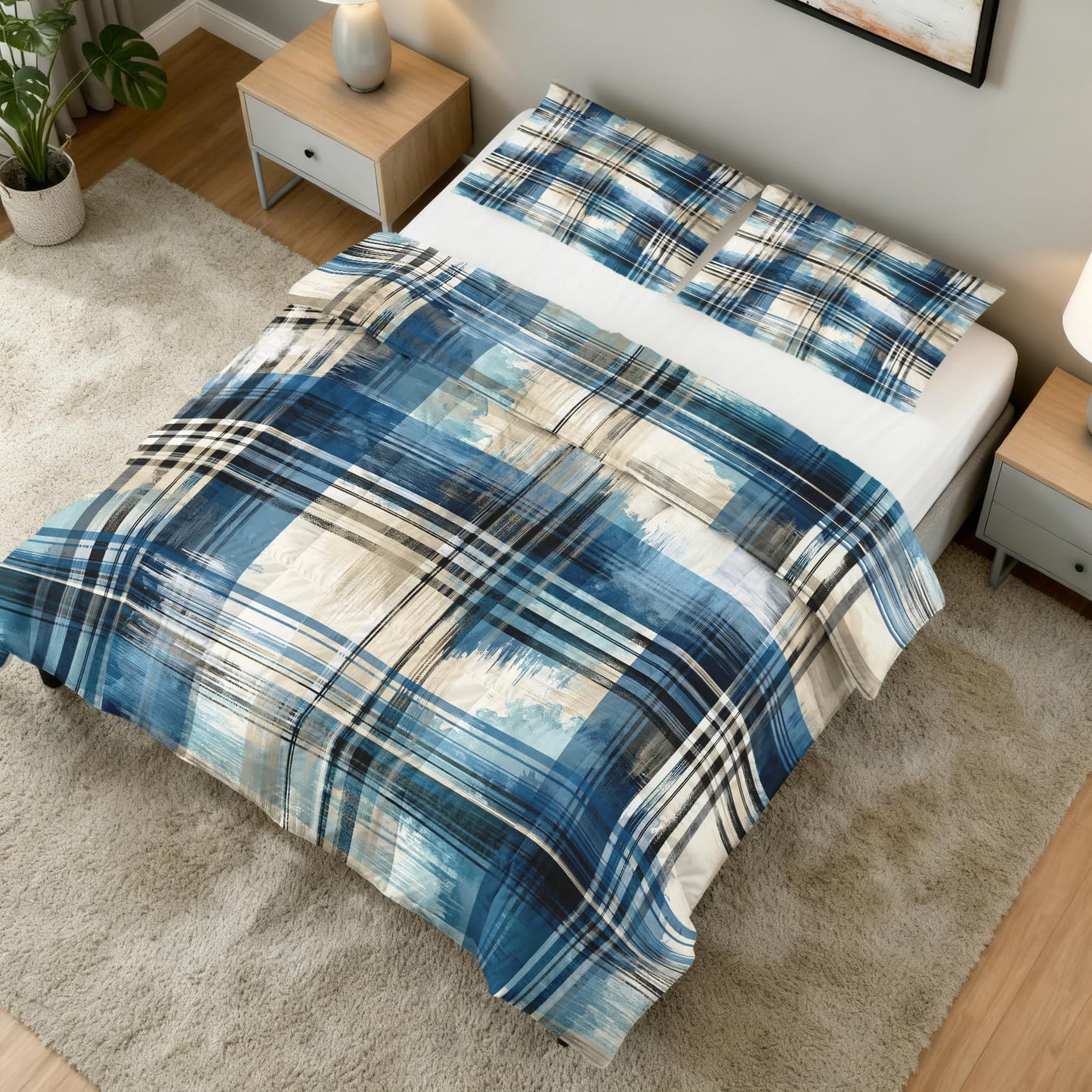 Abstract Plaid Stripe Full Size Comforter Sets 3 Piece