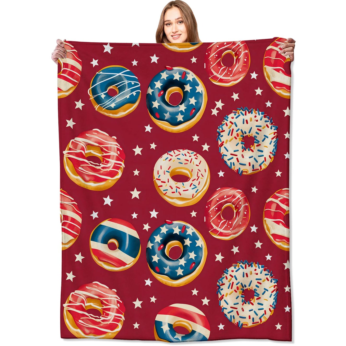 VODRM Patriotic Donut Blanket Red, White, and Blue Donuts Throw Blankets,Birthday Gifts for Kids Adult & Food Lovers,Lightweight Soft Fleece Cozy for Sofa Couch Bed Room Festive Decor 50x60in