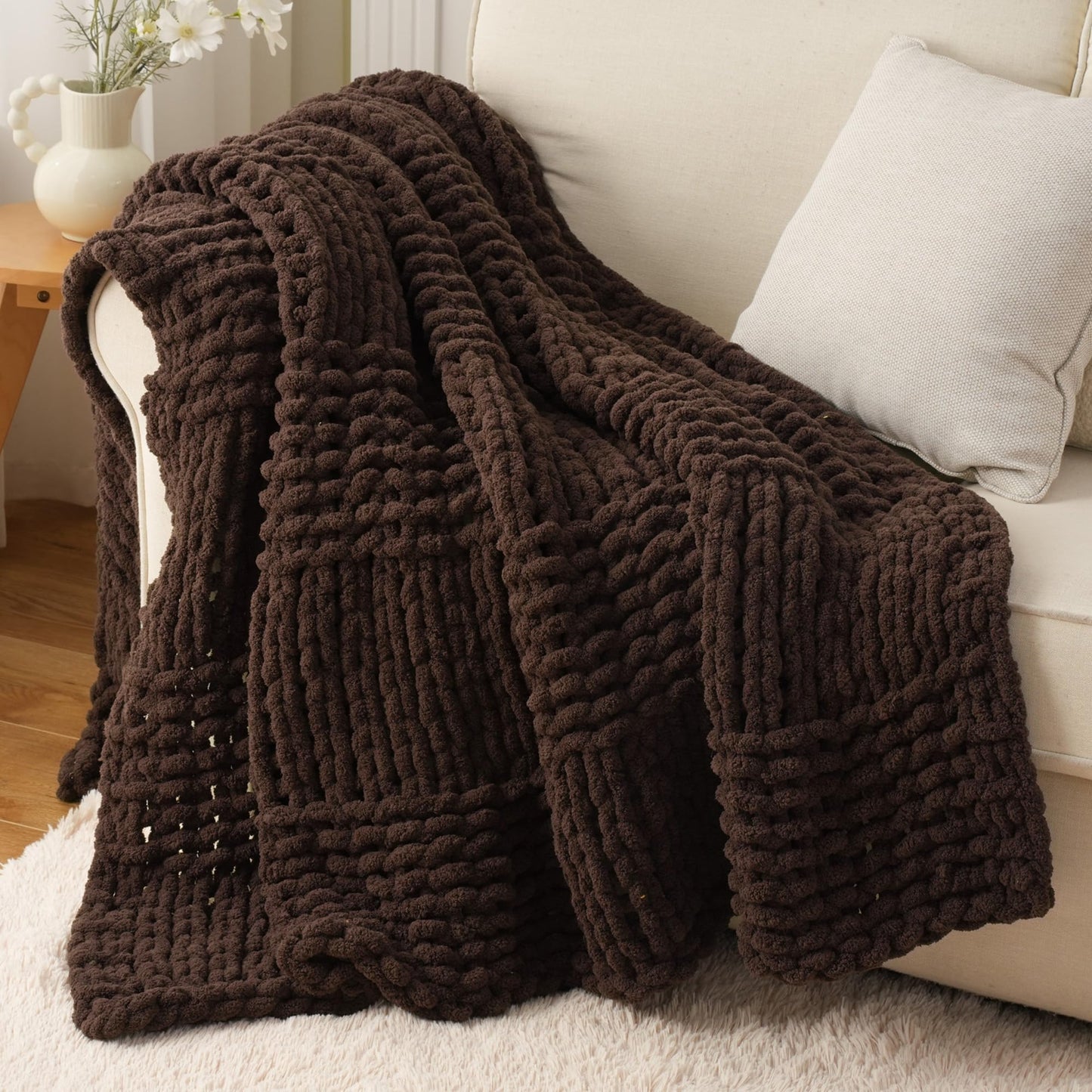 Bunnikins & Clover Dark Brown Throw Blanket for Couch, Chunky Knit Chocolate Throw Blanket for Bed, Chenille Brown Blanket for Home Decor, 50"x60"
