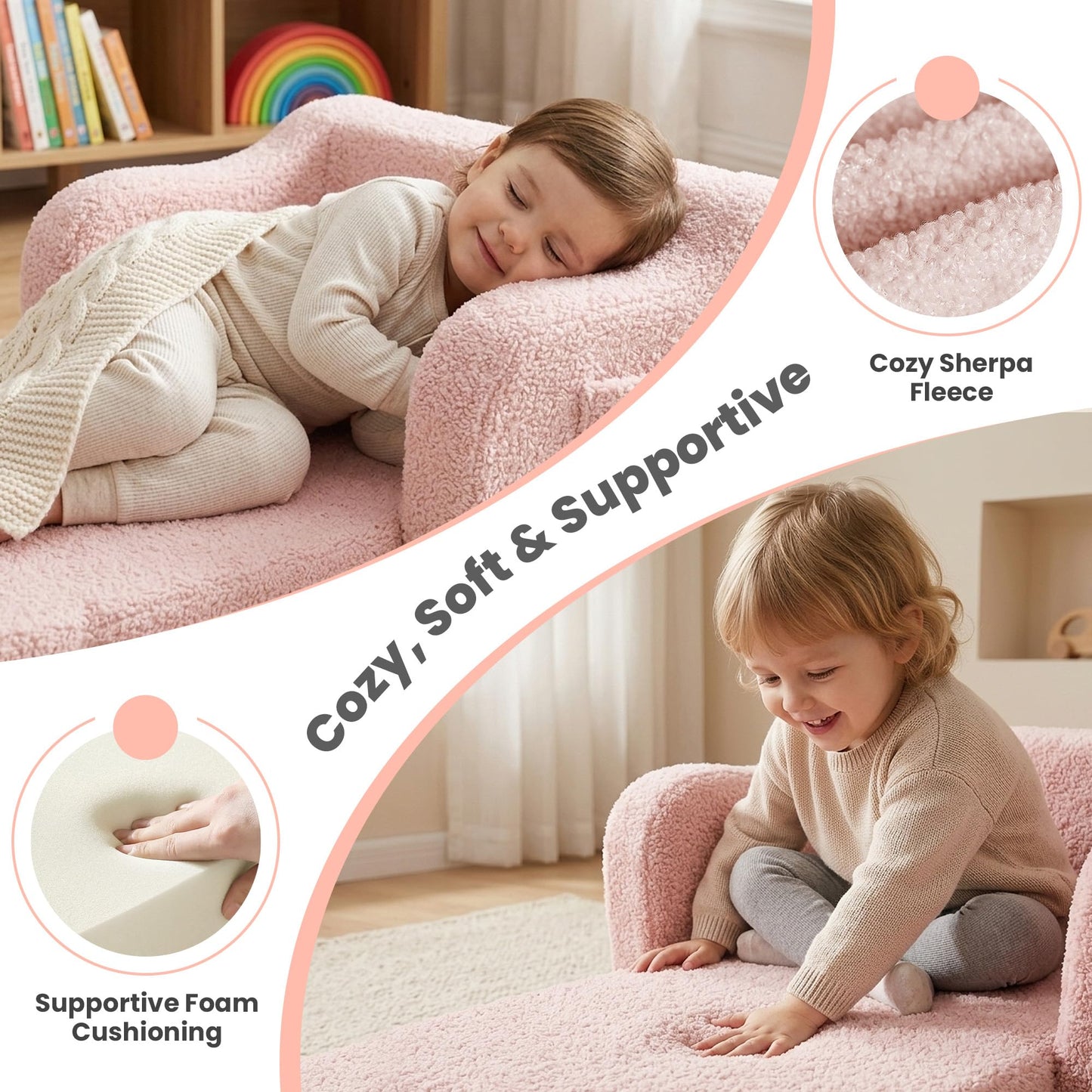 Toddler Couch 2-in-1 Fold Out Toddler Chairs, Soft Comfy Lounger with Washable Cover Pocket, Kids Sofa for Reading, Perfect for Bedroom, Playroom, Living Room, Gift for Girls Boys Age 1-3, Pink