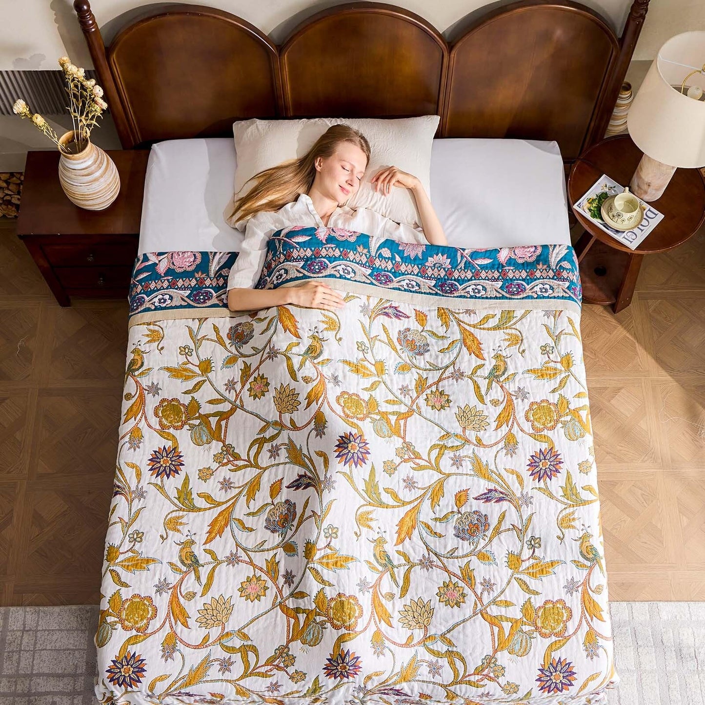 XIBLC Fall Throw Blanket for Couch, Brown Boho Decorative Throw Blanket, 100% Cotton Muslin Breathable Woven Farmhouse Blankets Quilt, 60"x80" Reversible Lightweight Blankets Bohemian Throw Quilt