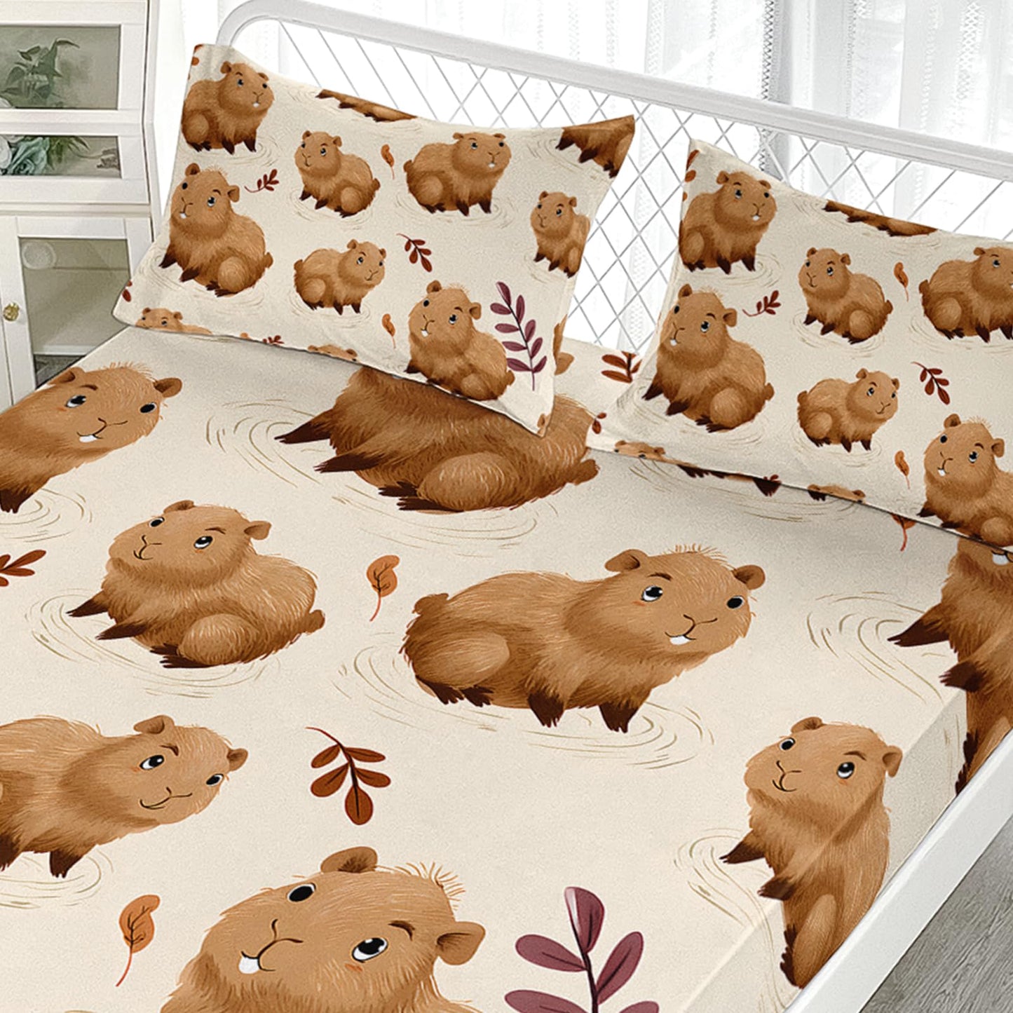 AILONEN Kids Bedding Cute Capybara Bed Sheet Set Twin Size, Cartoon Capybara Brown Bedding Set for Girls Boys Room Decor,Kawaii Animal Soft Fitted Sheet with 2 Pillowcases,3Pcs