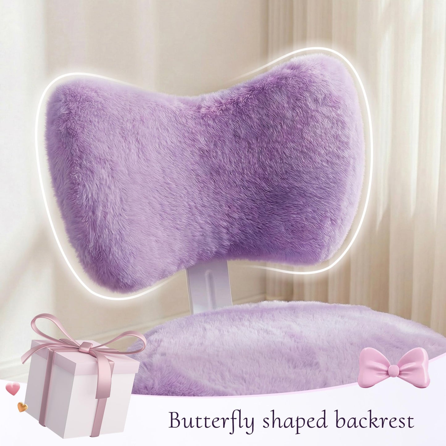 Homkdom Vanity Chair with Wheels, Cute Desk Chair with Bow Backrest, Fluffy Faux Rabbit Fur Small Office Chair for Vanity, Make-up Room, Bedroom, Dorm, Height Adjustable, Purple