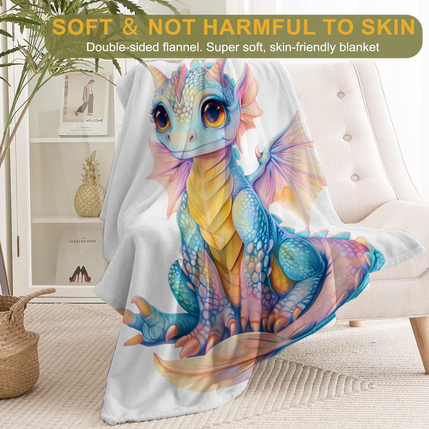 ainori Cute Dragon Flannel Blanket - Lightweight Soft Cozy Gifts Blankets for Animal Lovers, Kids, Women,Blue and Pink Art Style Throw,Elegant Home Room Modern Decor 50x60in