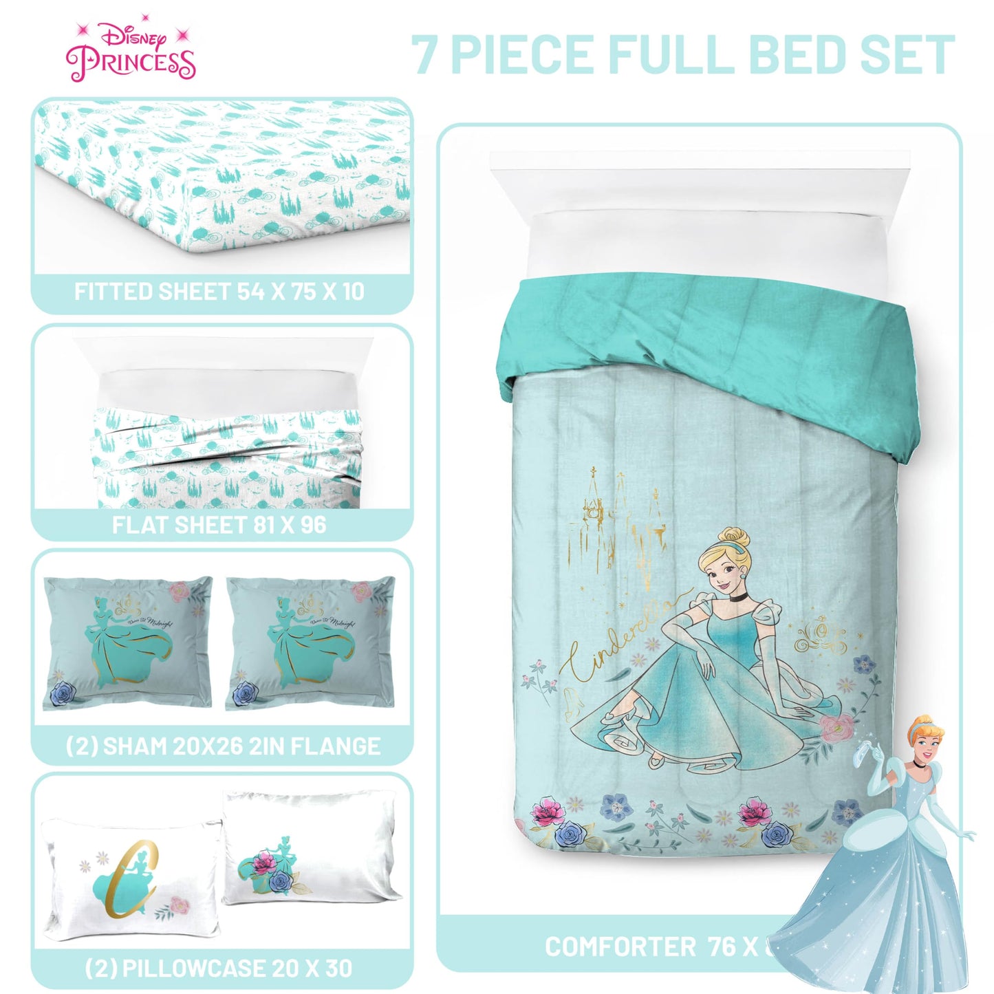 Jay Franco Kids Comforter Set Includes Sheets and Pillow Covers - Soft and Cozy Bed Set for Stylish Room Decor, Official Licensed Bedding, Blue - Princess Cinderella, 7 Piece Full