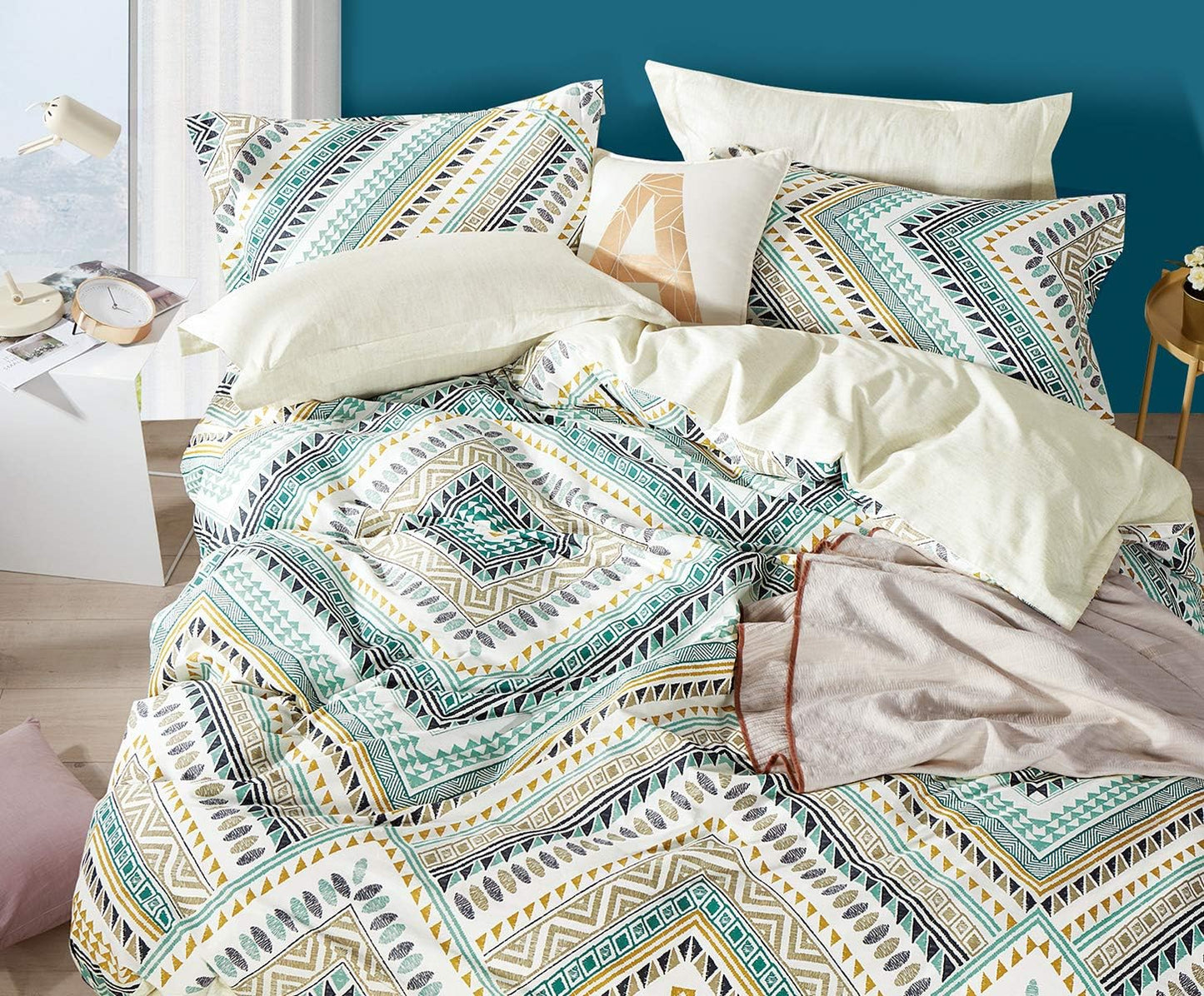 SLEEPBELLA Comforter King Size, 600 Thread Count Cotton Yellow & Dark Blue Bohemian Pattern Printed on White Reversible Comforter Sets,Down Alternative Bedding Set 3Pcs (King, Teal Geometric)