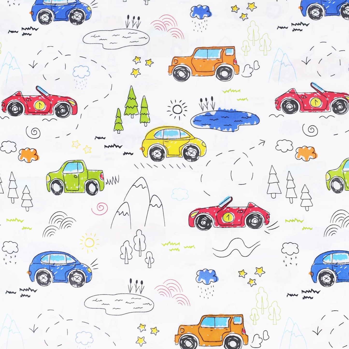 J-pinno Colourful Cars Trees Lakes Hills Trave Journey Cute Cartoon 100% Cotton 3 Pieces Twin Sheet Set for Kids Girls Boys Children Flat Sheet + Fitted Sheet + Pillowcase Bedding Decoration Gift Set