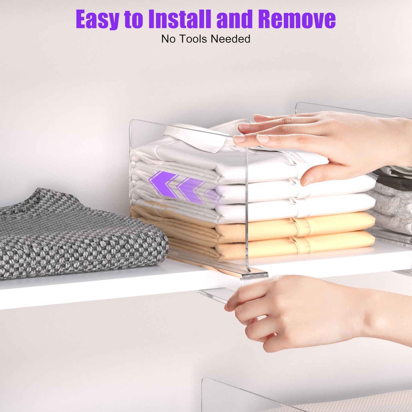 ZEUMIE 12 Pcs Acrylic Shelf Dividers for Closet Organization, Clear Closet Dividers for Wood Shelves, Closet Separators for Clothes Sweaters Shirts Handbags in Bedroom, with 10 Pcs Size Dividers