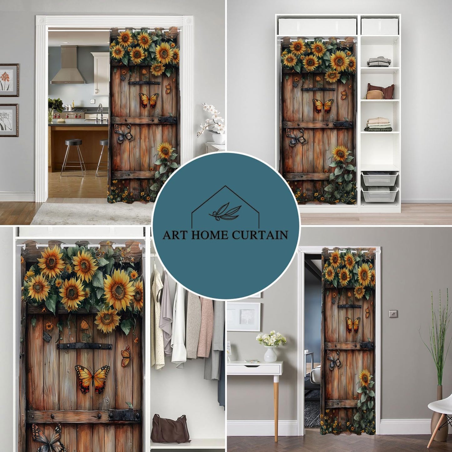 Shixiaoyan Wooden Barn Door Door Curtain for Doorway Privacy Sunflower Flowers Butterfly Country Closet Door Cover Curtain for Darkening Door Drape for Kid Teens Boys Teens, 1 Panel 34" W X 80" L