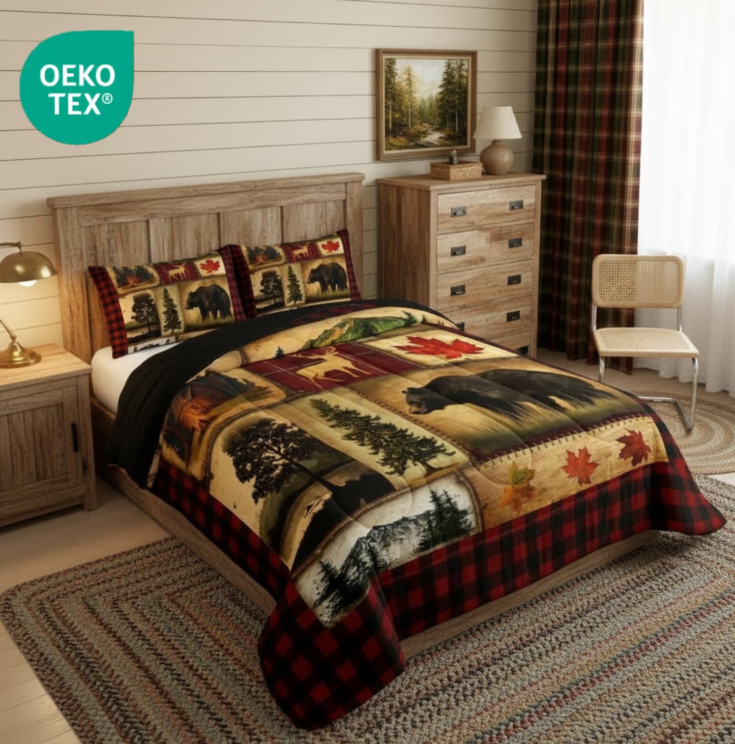 Bear Cabin Plaid Comforter Set Queen, Rustic Farmhouse Bedding Comforter Sets, Retro Hunting Deer Bedding, Country Woodland Pine Tree Duvet Set, Maple Leaf Lodge Decor Down Comforter, Red Black Brown